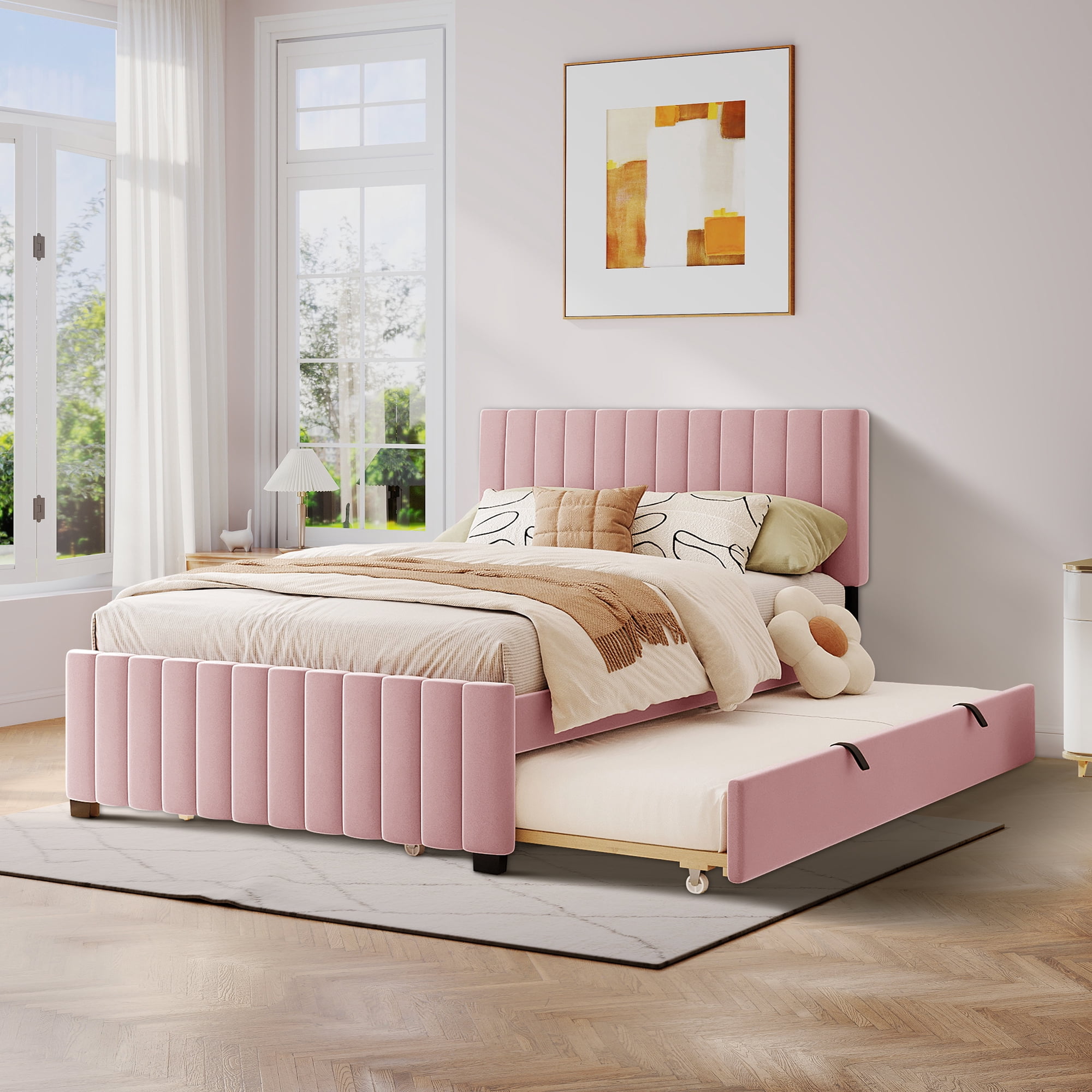 Aukfa Full Size Upholstered Platform Bed Frame with Twin Size Trundle for Bedroom,Guestroom, Pink