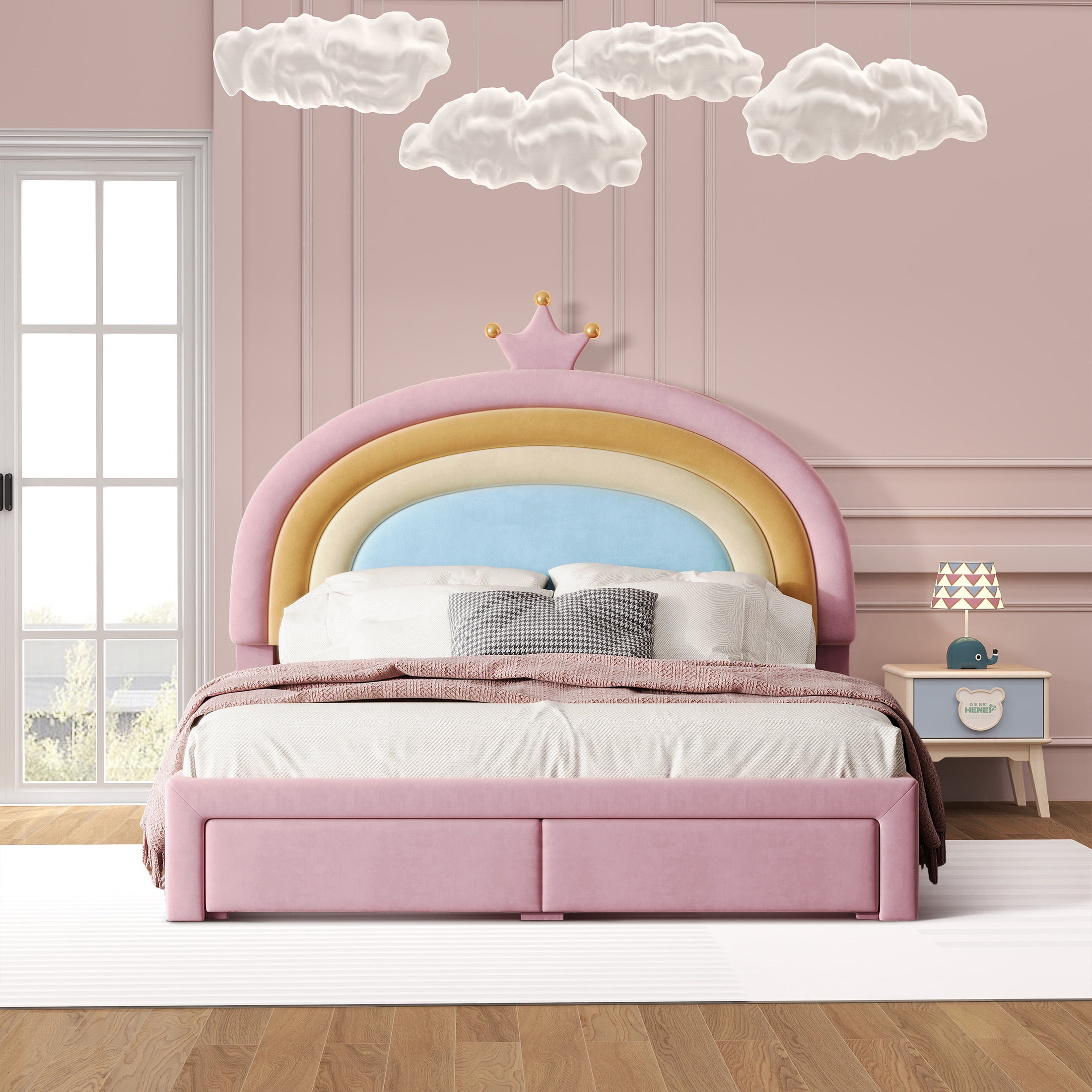Aukfa Full Size Upholstered Rainbow Bed, Velvet Princess Platform Bed with Storage Drawers, Colorful