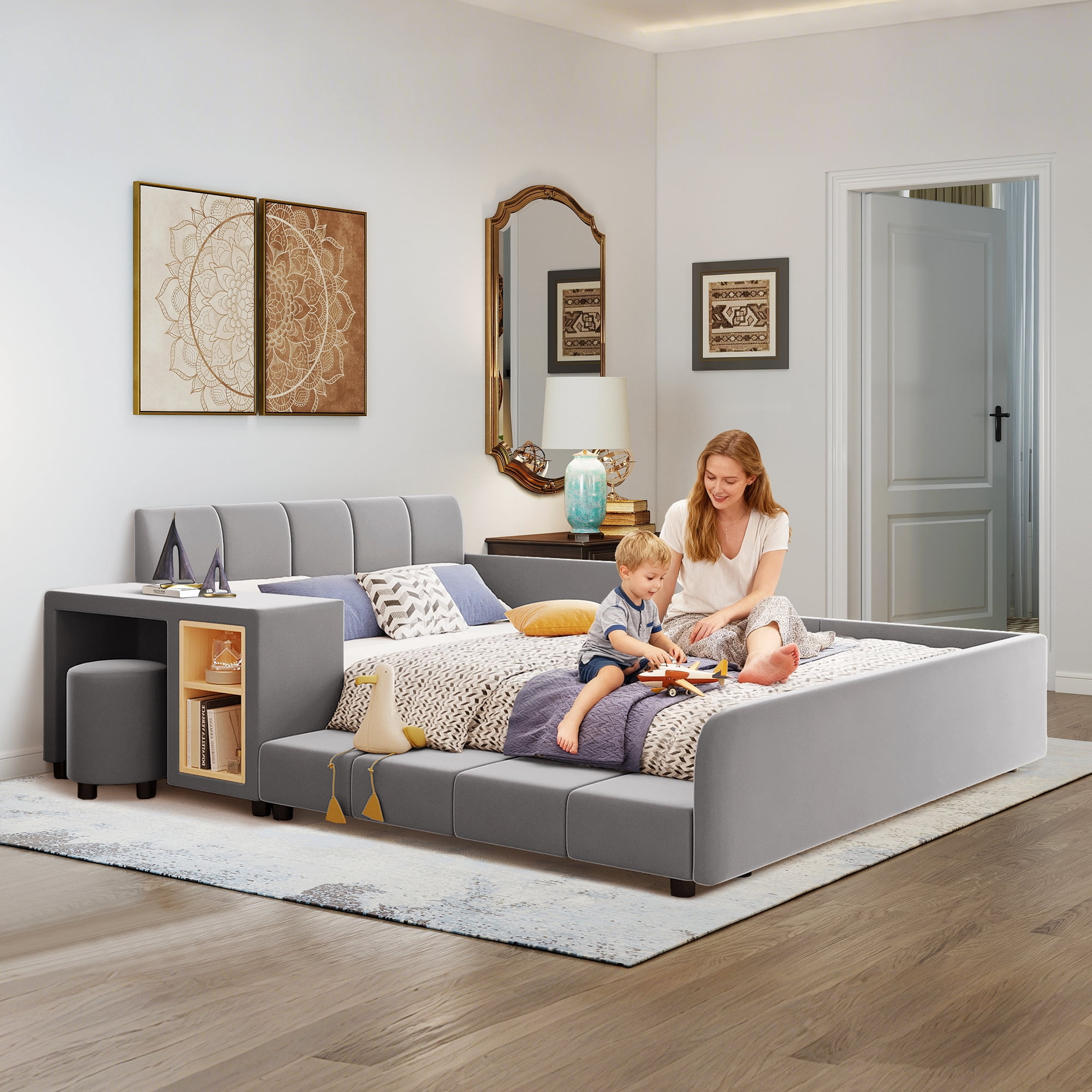 Aukfa Full Size Velvet Upholstered Mother & Child Bed Frame, Grounded Platform Bed with Bedside Desk & Round Stool, Floor Bed for Kids & Adults Bedroom, Gray