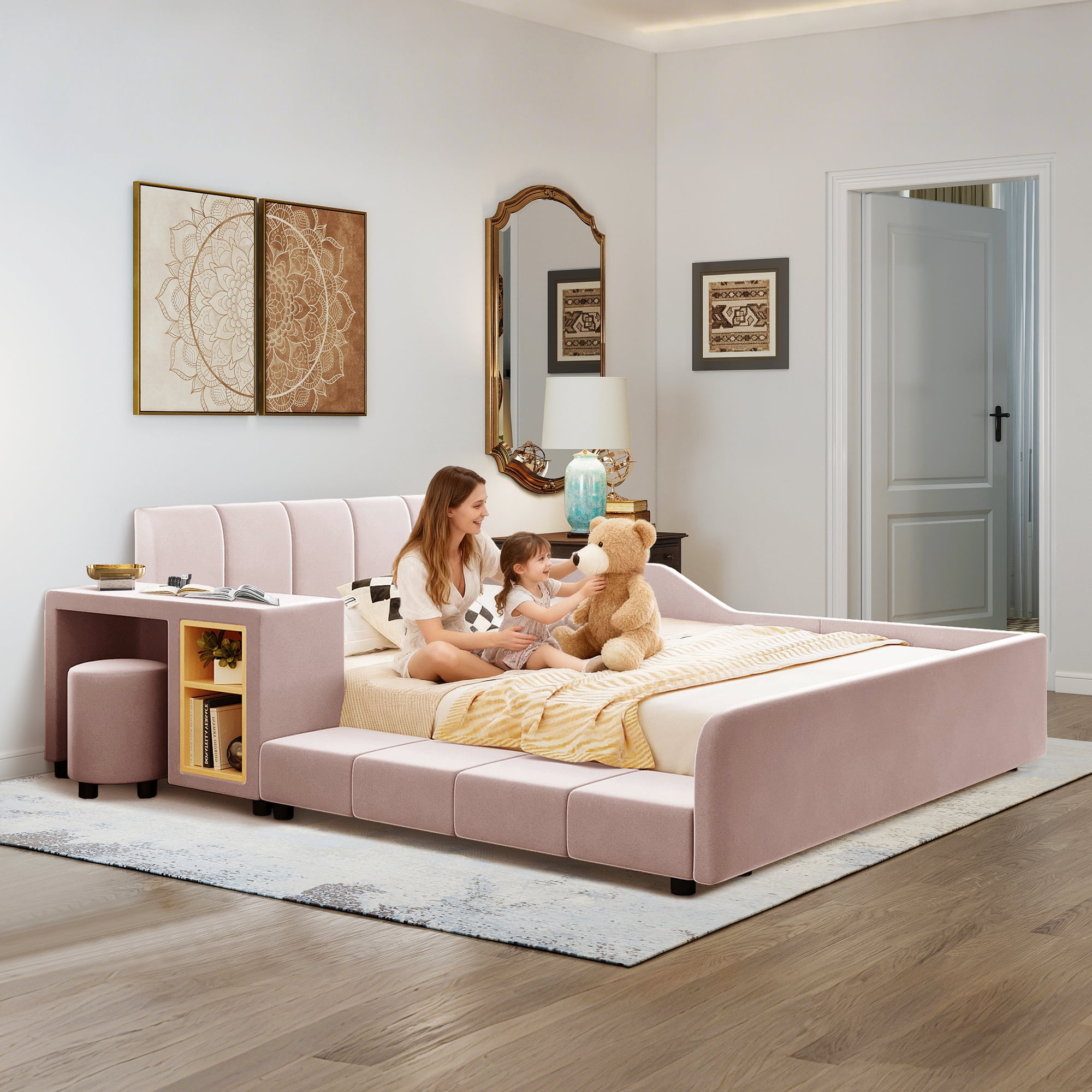 Aukfa Full Size Velvet Upholstered Mother & Child Bed Frame, Grounded Platform Bed with Bedside Desk & Round Stool, Floor Bed for Kids & Adults Bedroom, Pink