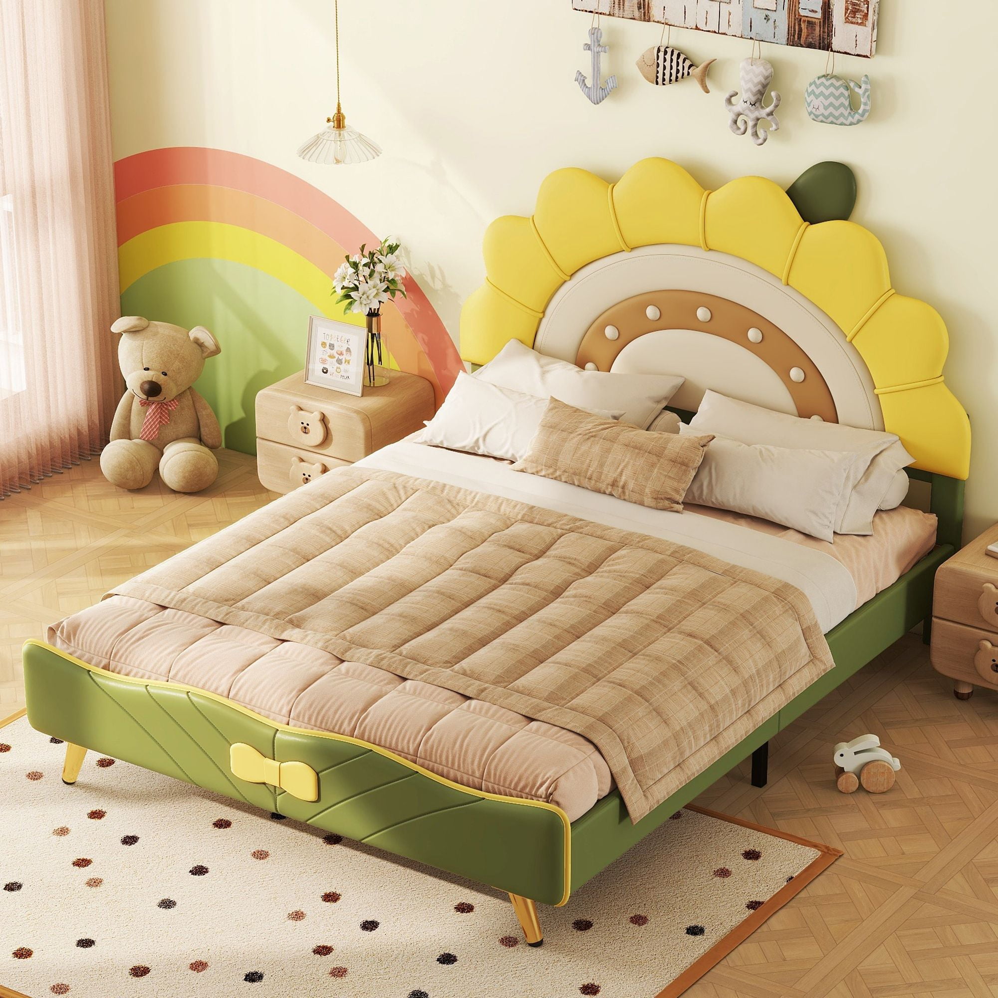 Aukfa Full Upholstered Bed Frame, Cartoon Bed with Sunflower Shape Headboard for Kids, Green