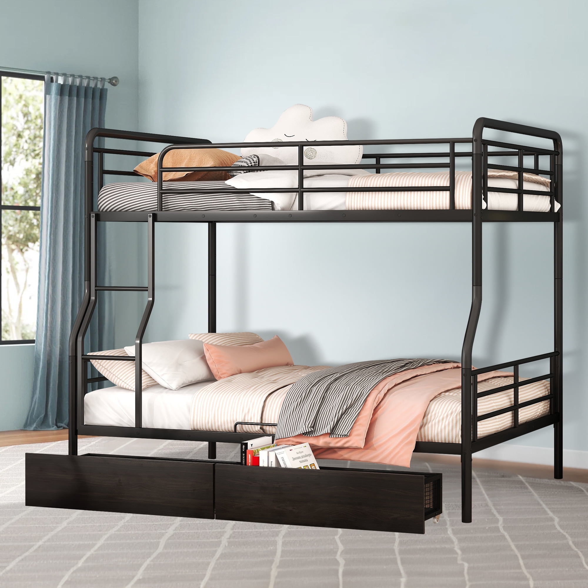 Aukfa Full XL over Queen Metal Bunk Bed with 2 Drawers for Teens, Adults, Dorm, Black