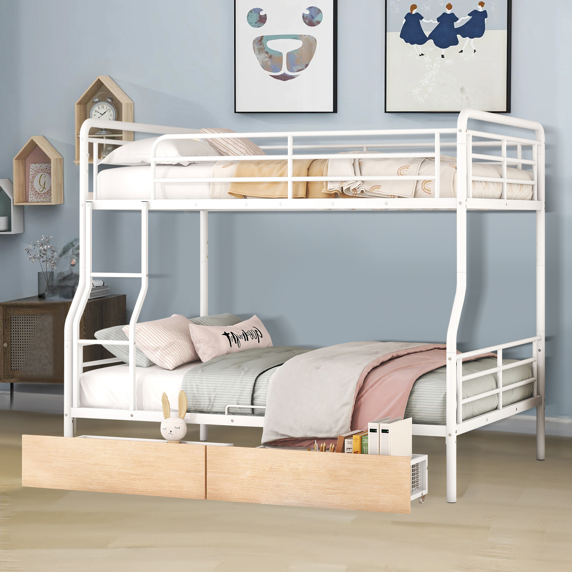 Aukfa Full XL over Queen Metal Bunk Bed with 2 Drawers for Teens, Adults, Dorm, White