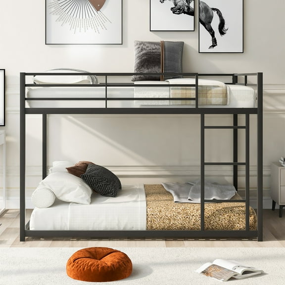 Aukfa Full over Full Bunk Bed, Metal Low Bunk Bed for Adults Teens, Space Save, Black