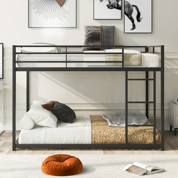 Aukfa Full over Full Bunk Bed, Metal Low Bunk Bed for Adults Teens, Space Save, Black