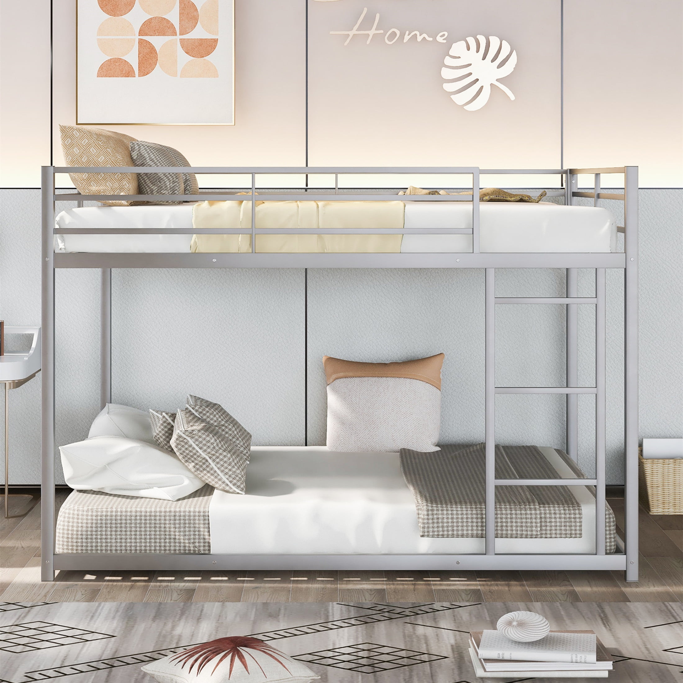 Aukfa Full over Full Bunk Bed, Metal Low Bunk Bed for Adults Teens, Space Save, Silver