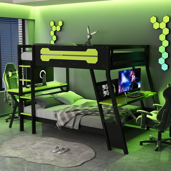 Aukfa Full over Full Bunk Bed with Built-In Desks, USB Charging Ports & Pegboard Organizer, Wood E-Sports Gaming Bed Frame for Kids/Teens, Green
