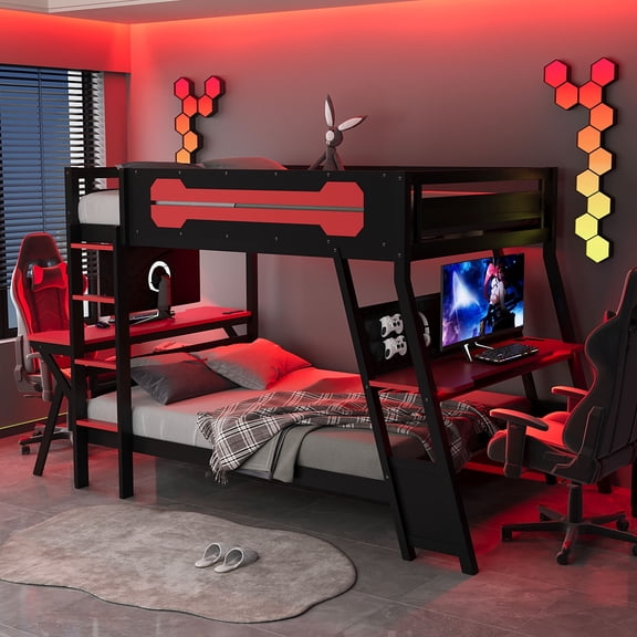 Aukfa Full over Full Bunk Bed with Built-In Desks, USB Charging Ports & Pegboard Organizer, Wood E-Sports Gaming Bed Frame for Kids/Teens, Red