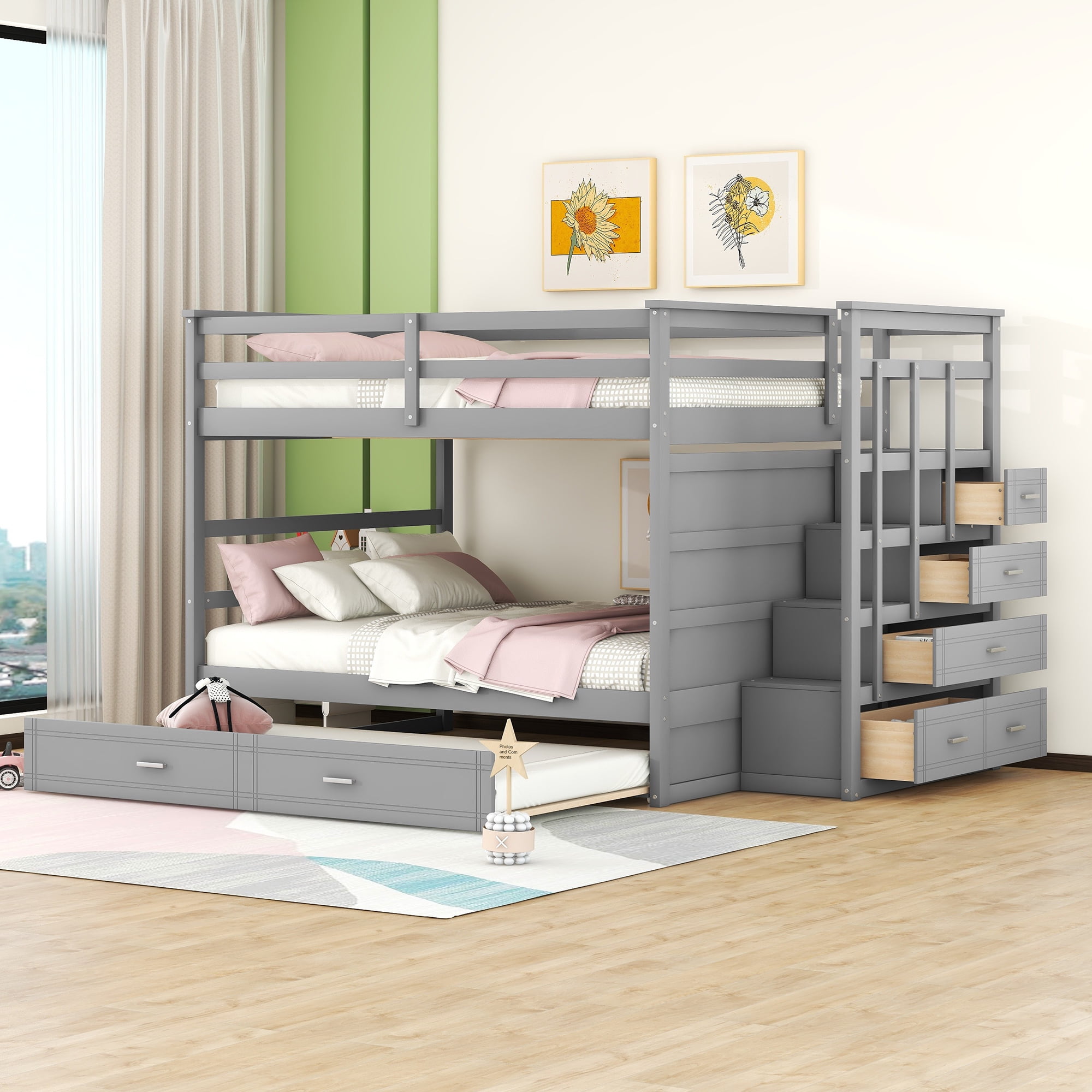 Aukfa Full over Full Bunk Bed with Trundle and Staircase, Wood Bunk Bed with 4 Storage Drawers for Kids, Teens - Gray