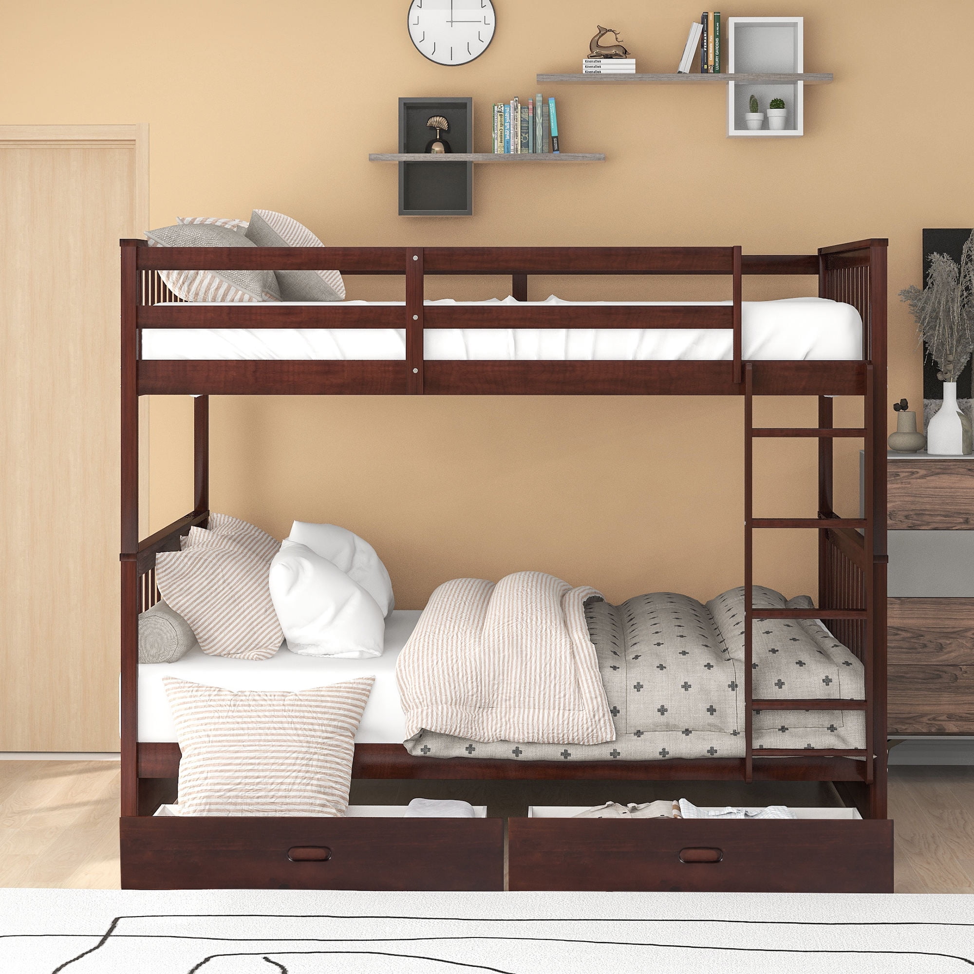 Aukfa Full over Full Bunk Bed with Two Storage Drawers, Wood Convertible Two Bed for Kids Teens - Espresso
