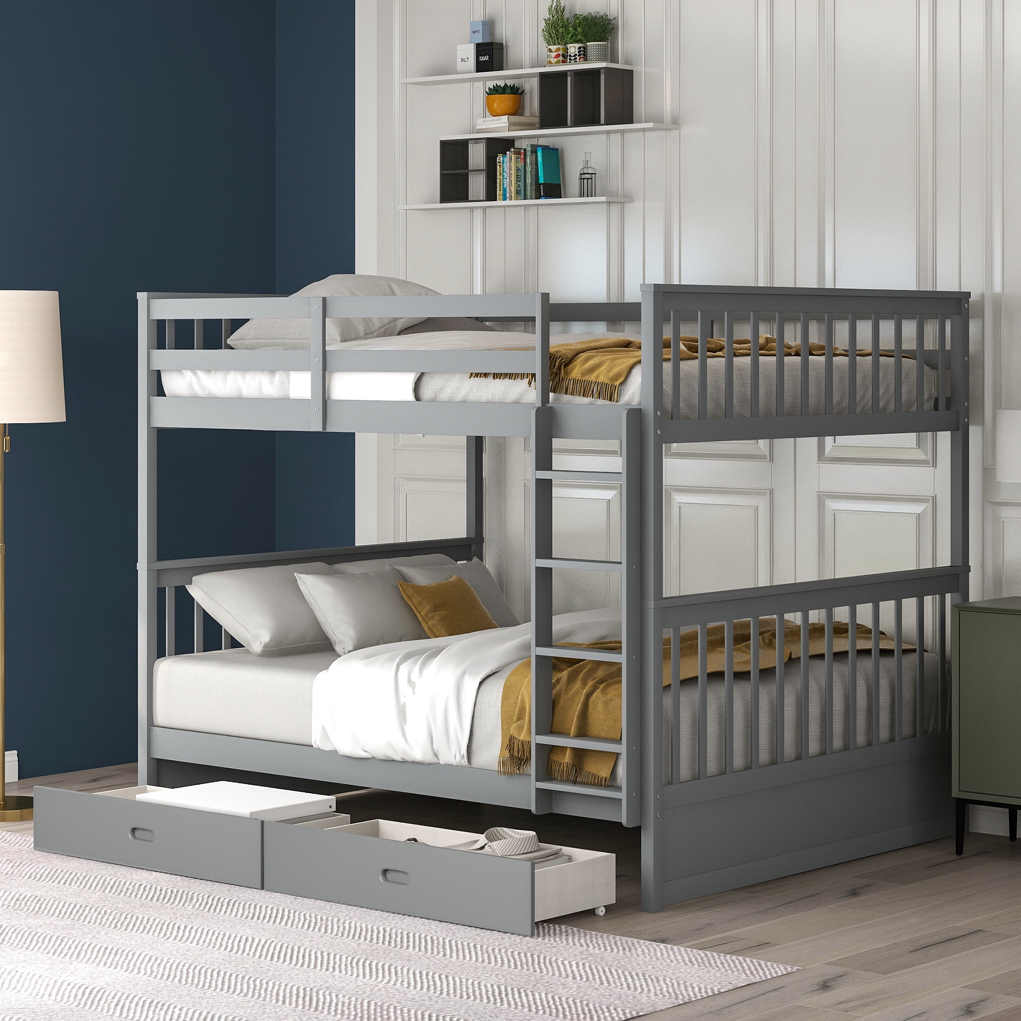 Aukfa Full over Full Bunk Bed with Two Storage Drawers, Wood Convertible Two Bed for Kids Teens - Gray