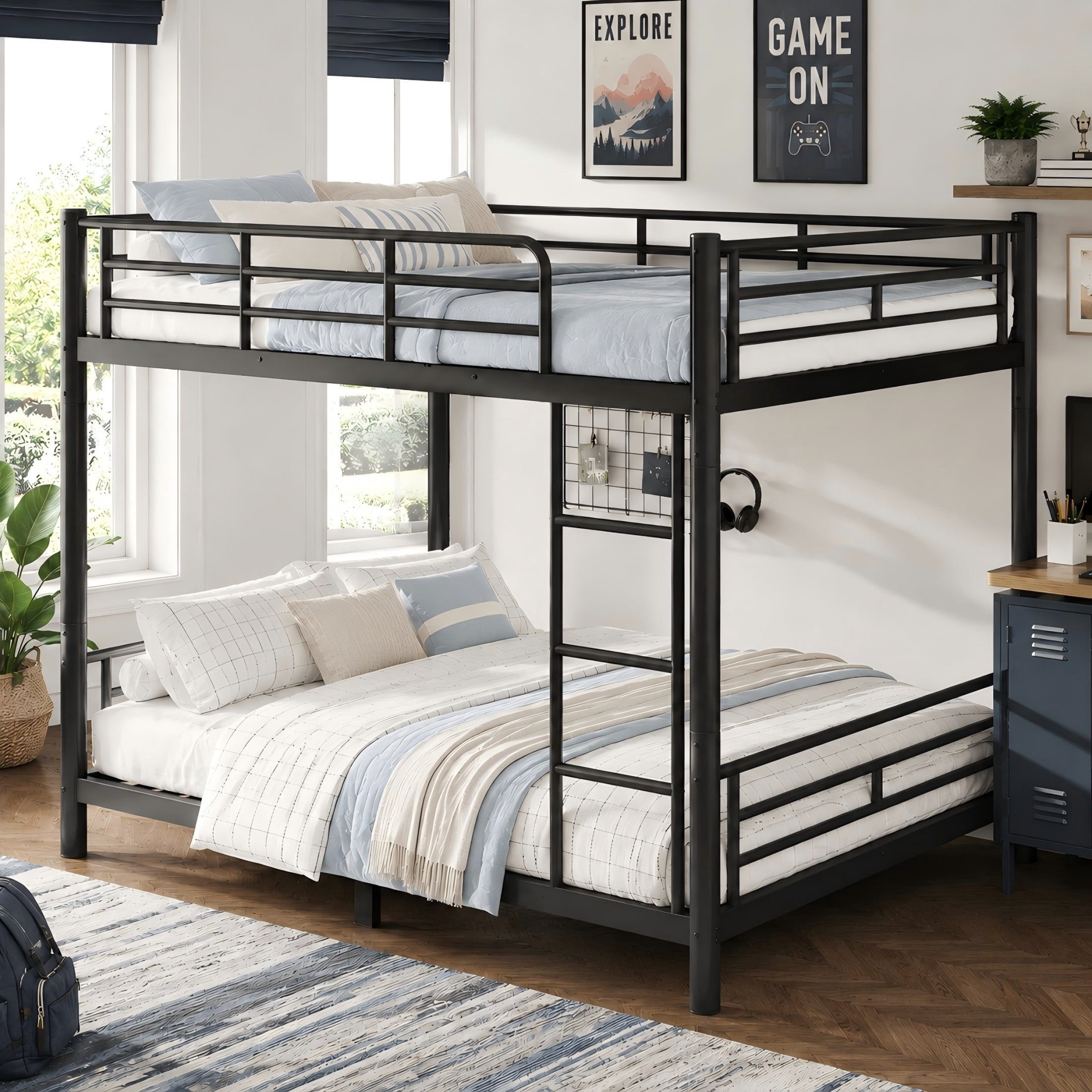 Aukfa Full over Full Metal Bunk Bed, Converts into Two Full Beds, Round Tube Construction & No Box Spring Needed, Black
