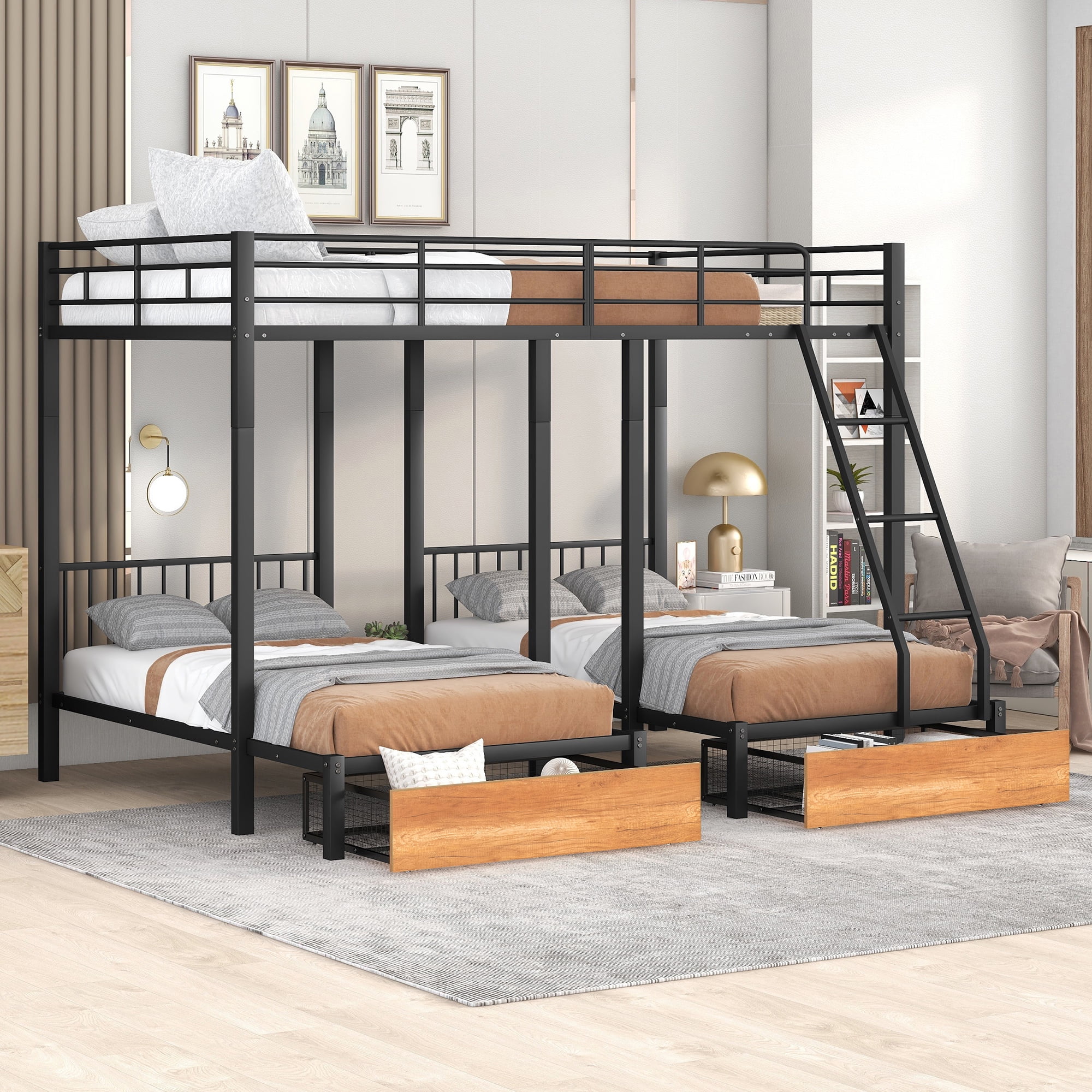 Aukfa Full over Twin over Twin Bunk Bed for 3, Metal Triple Bunk Bed ...