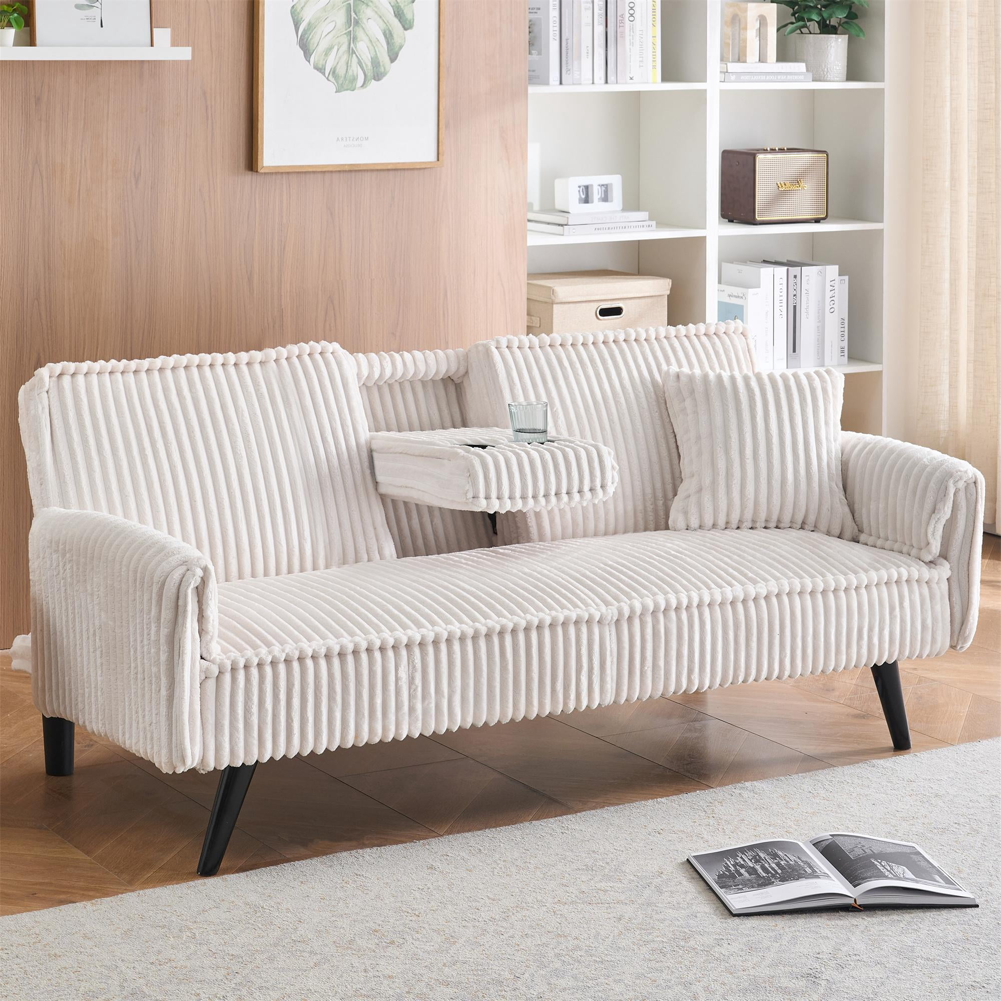 Aukfa 72" Futon Convertible Sofa Bed, 2 Cup Holders& Pillow, Straight-line Tufted Corduroy, Beige