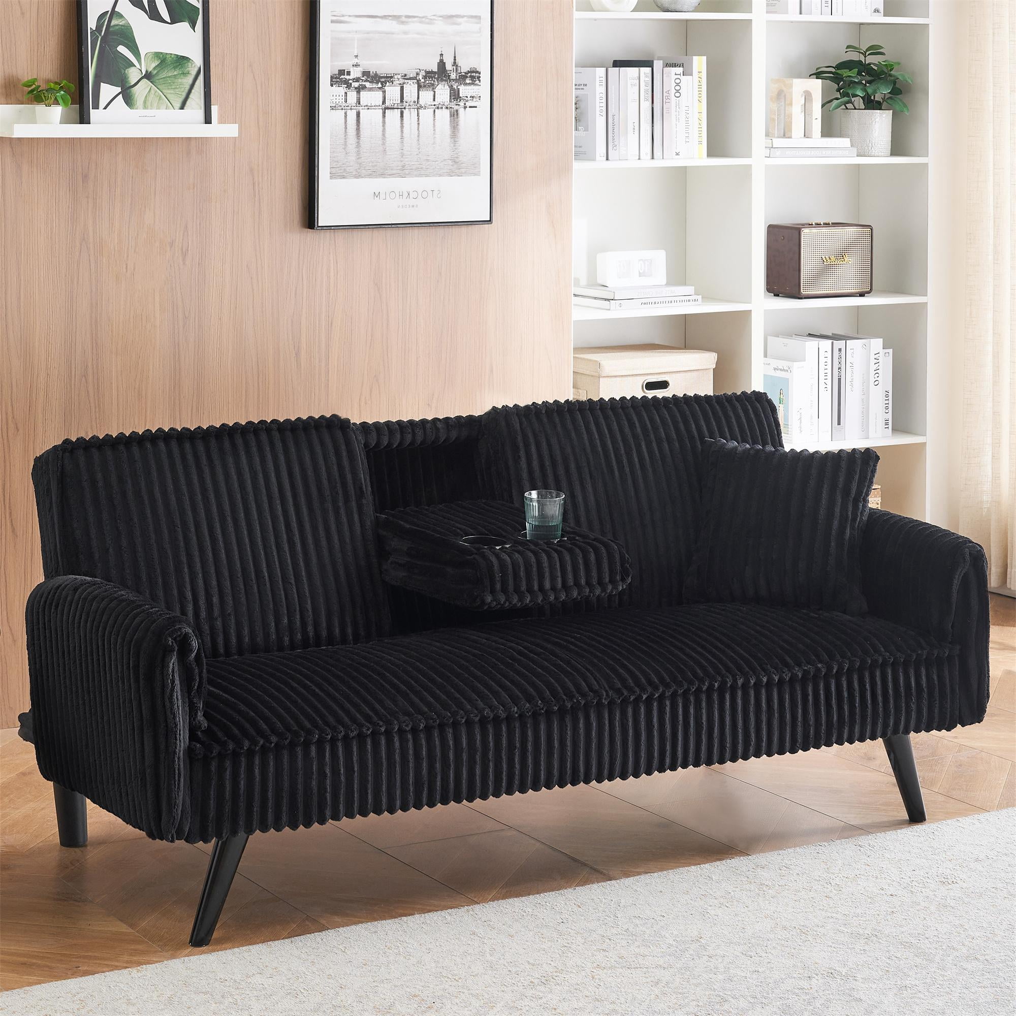 Aukfa 72" Futon Convertible Sofa Bed, 2 Cup Holders& Pillow, Straight-line Tufted Corduroy, Black