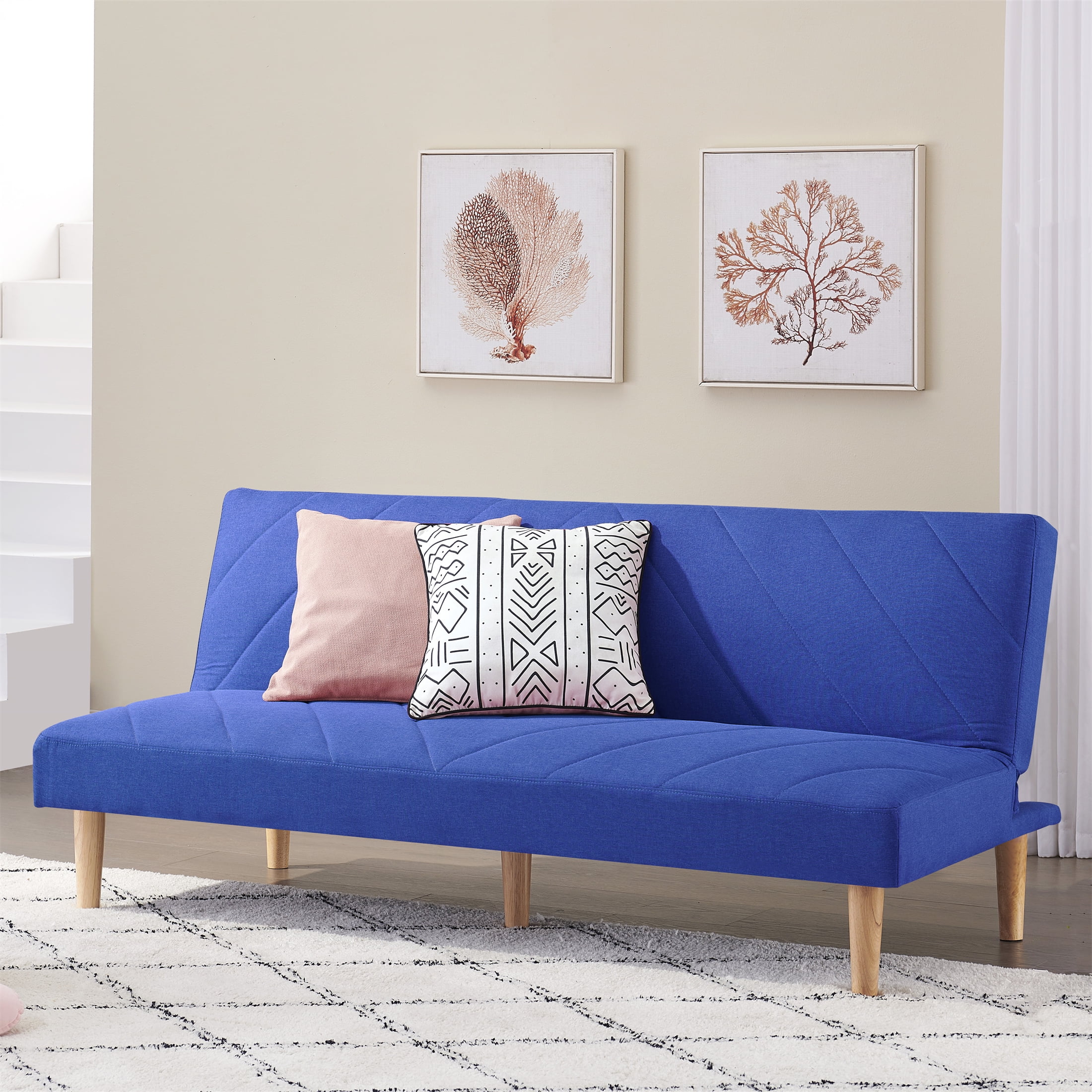 Aukfa Futon Convertible Sofa Bed- Twin Size- 5 Wooden Legs- Space Save- Blue