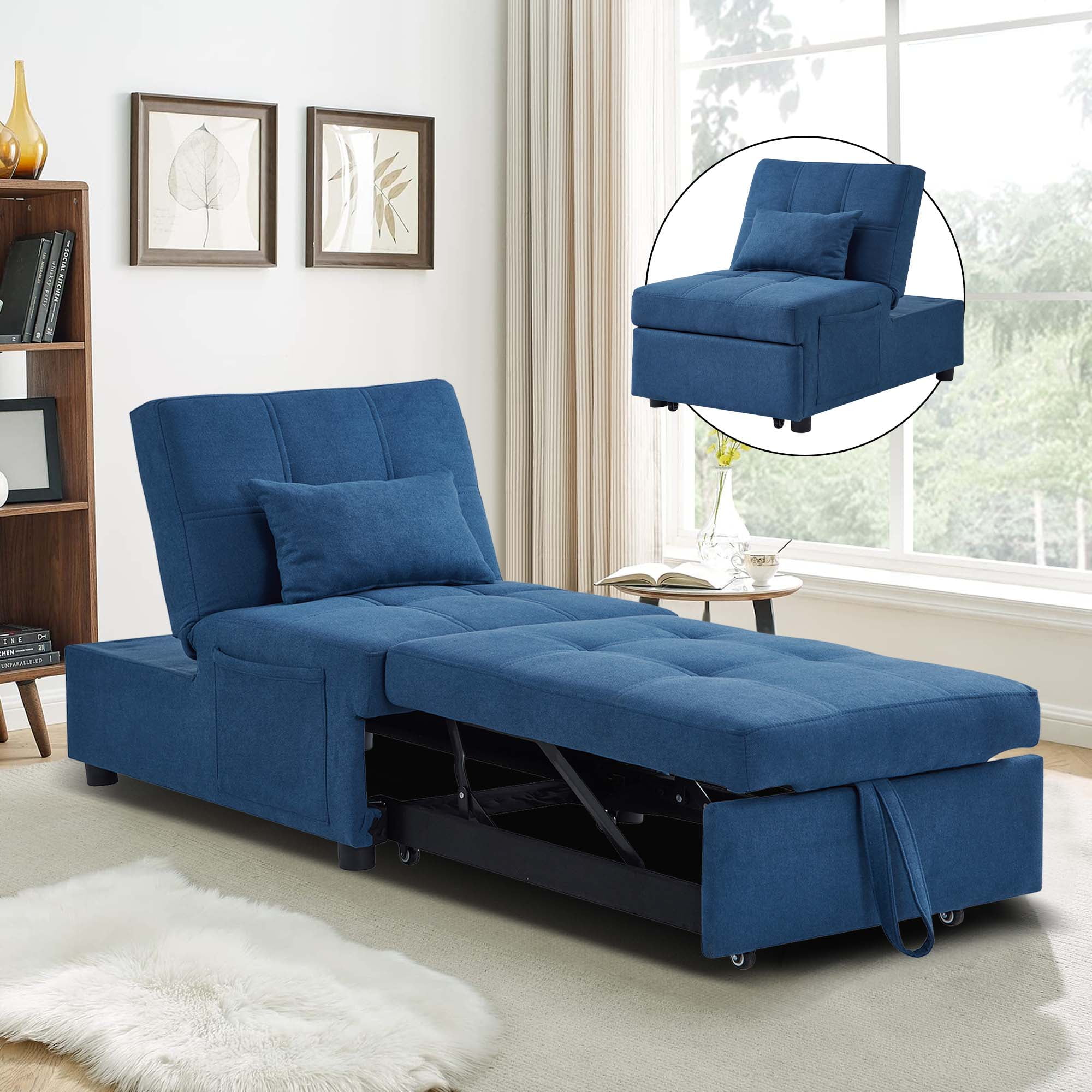 Aukfa Futon Sleeper Chair Bed, Convertible Pull Out Sleeper Sofa Chair for Living Room, Linen - Blue