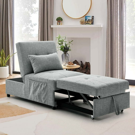 Aukfa Futon Sofa Bed Chair, 4 in 1 Pull Out Convertible Sleeper Chaise for Small Space Living - Gray