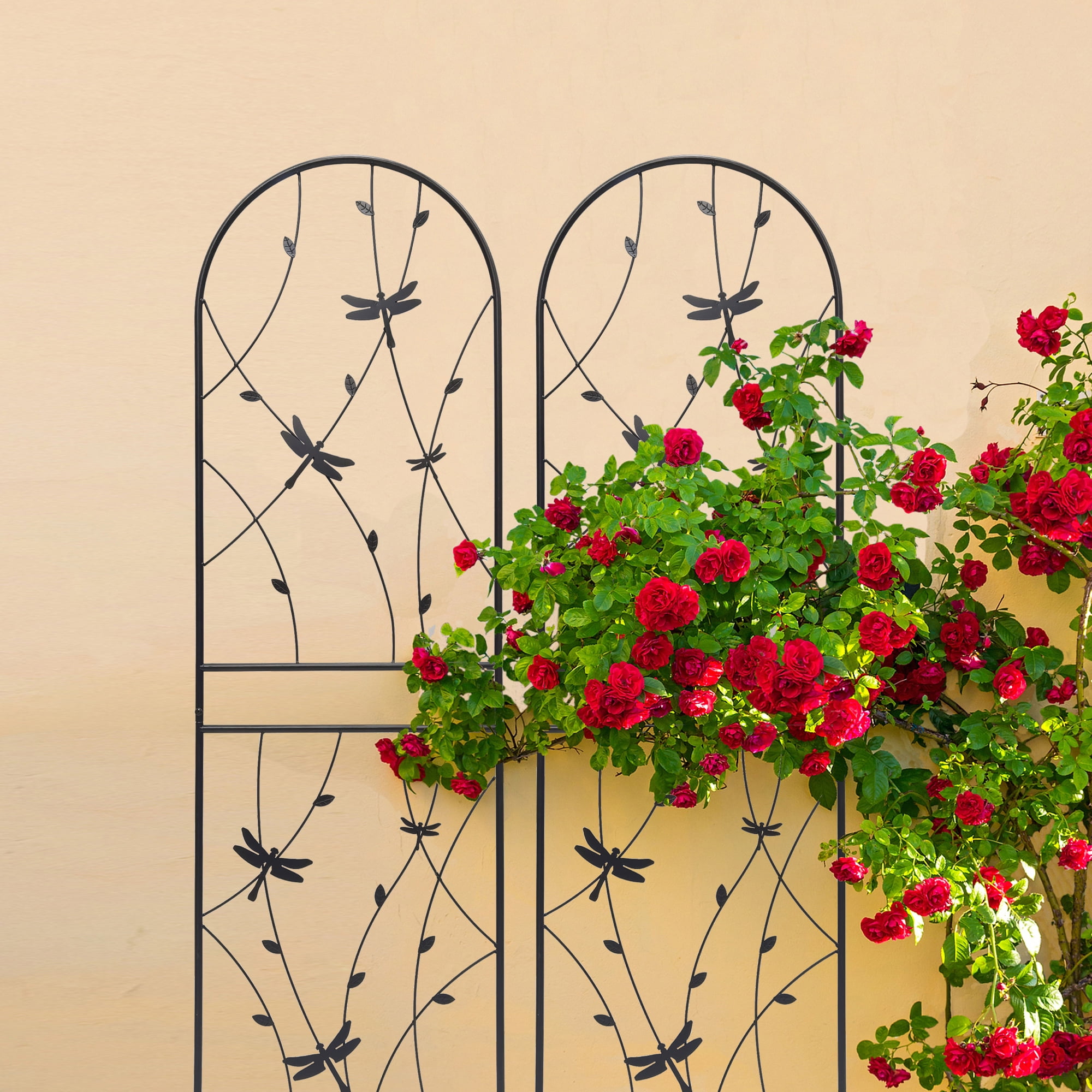 Aukfa Garden Trellis for Climbing Plants, 2 Pack Outdoor Metal Trellis 71" x 19.7", Support Dragonfly Decor,Black