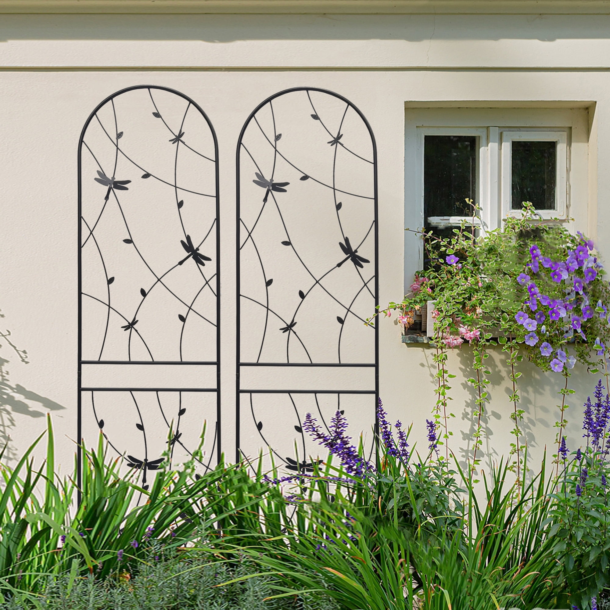 Aukfa Garden Trellis for Climbing Plants, 2 Pack Outdoor Metal Trellis 86.7" x 19.7", Support Dragonfly Decor,Black