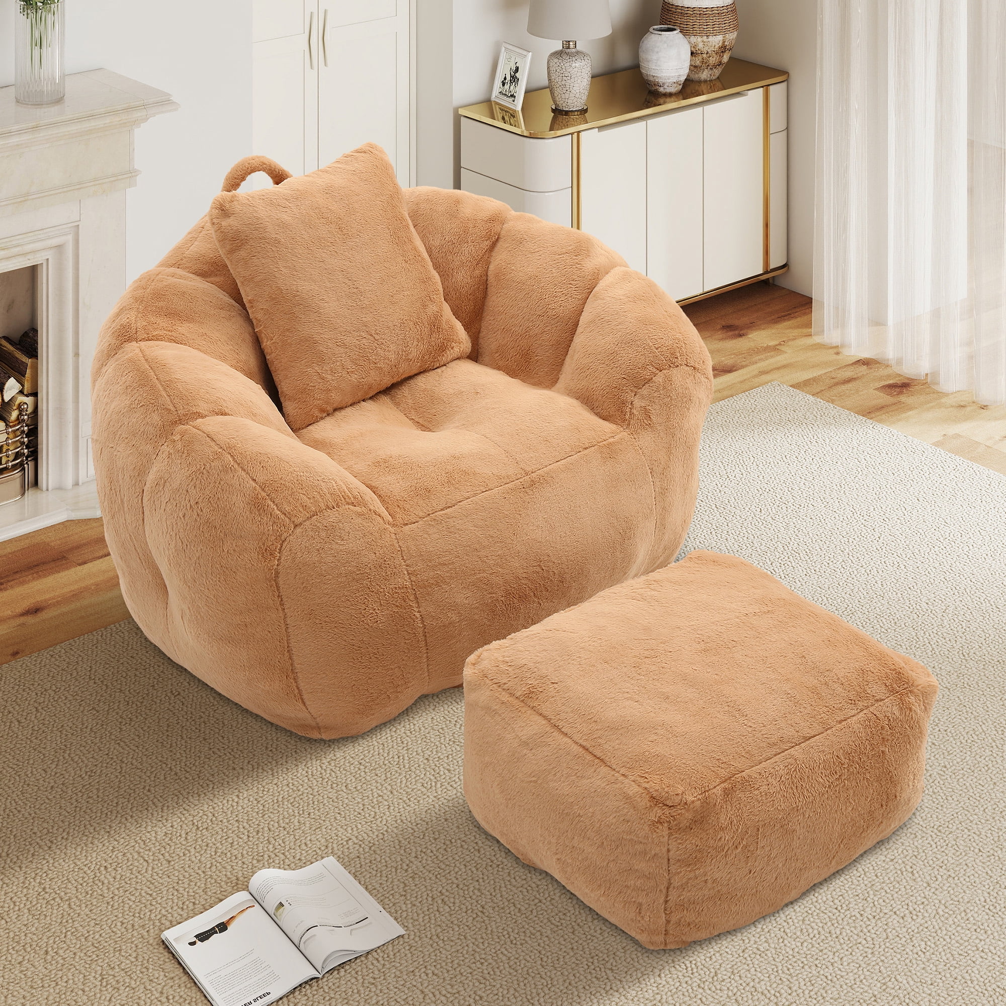 Aukfa Giant Bean Bag Chair,Lounge Chair Floor Lazy Sofa Bed with Ottoman & Pillow,Khaki