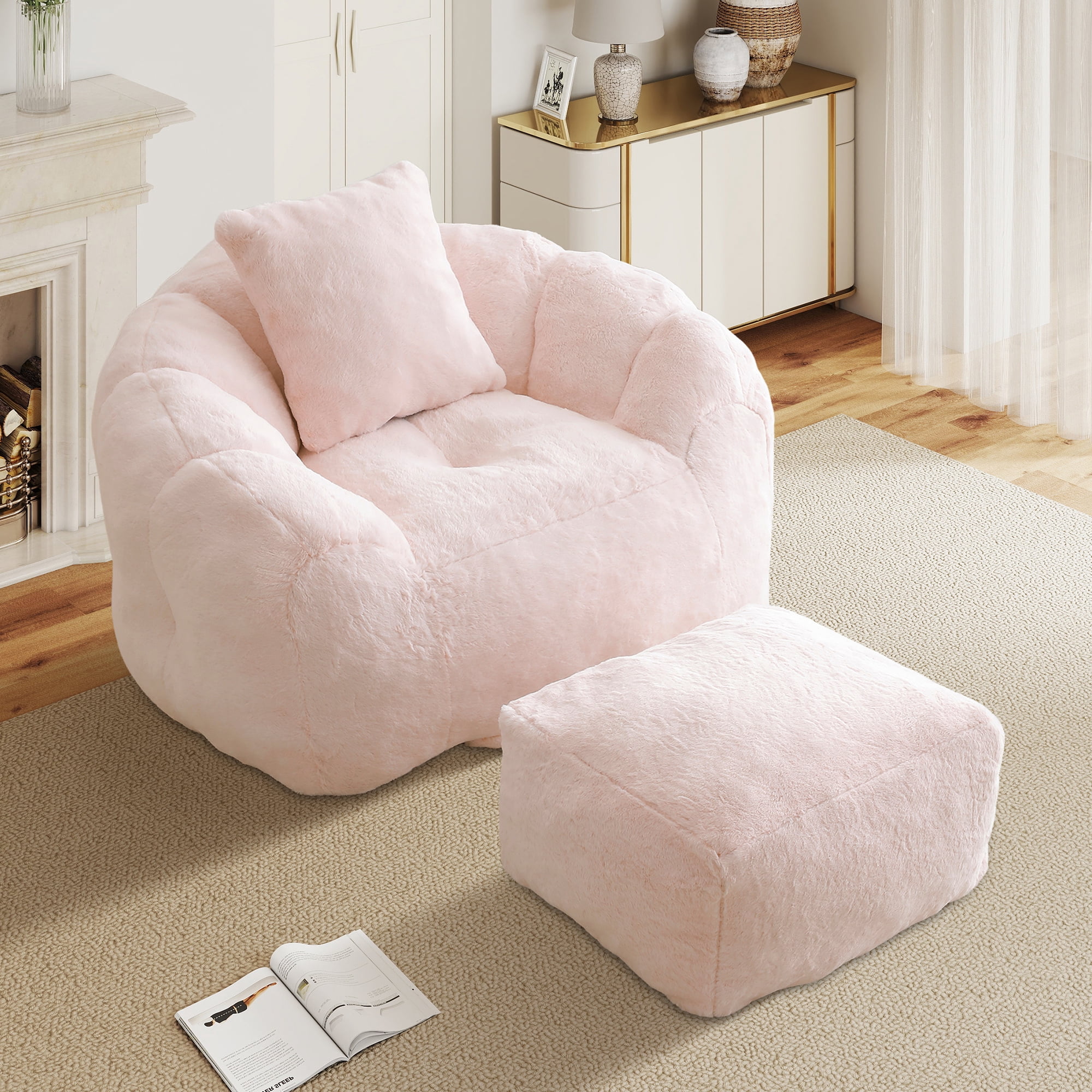 Aukfa Giant Bean Bag Chair,Lounge Chair Floor Lazy Sofa Bed with Ottoman & Pillow,Pink