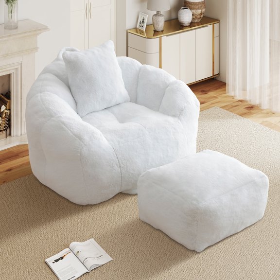 Aukfa Giant Bean Bag Chair,Lounge Chair Floor Lazy Sofa Bed with Ottoman & Pillow,White