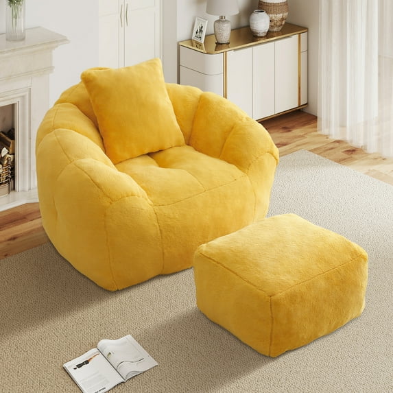 Aukfa Giant Bean Bag Chair,Lounge Chair Floor Lazy Sofa Bed with Ottoman & Pillow,Yellow