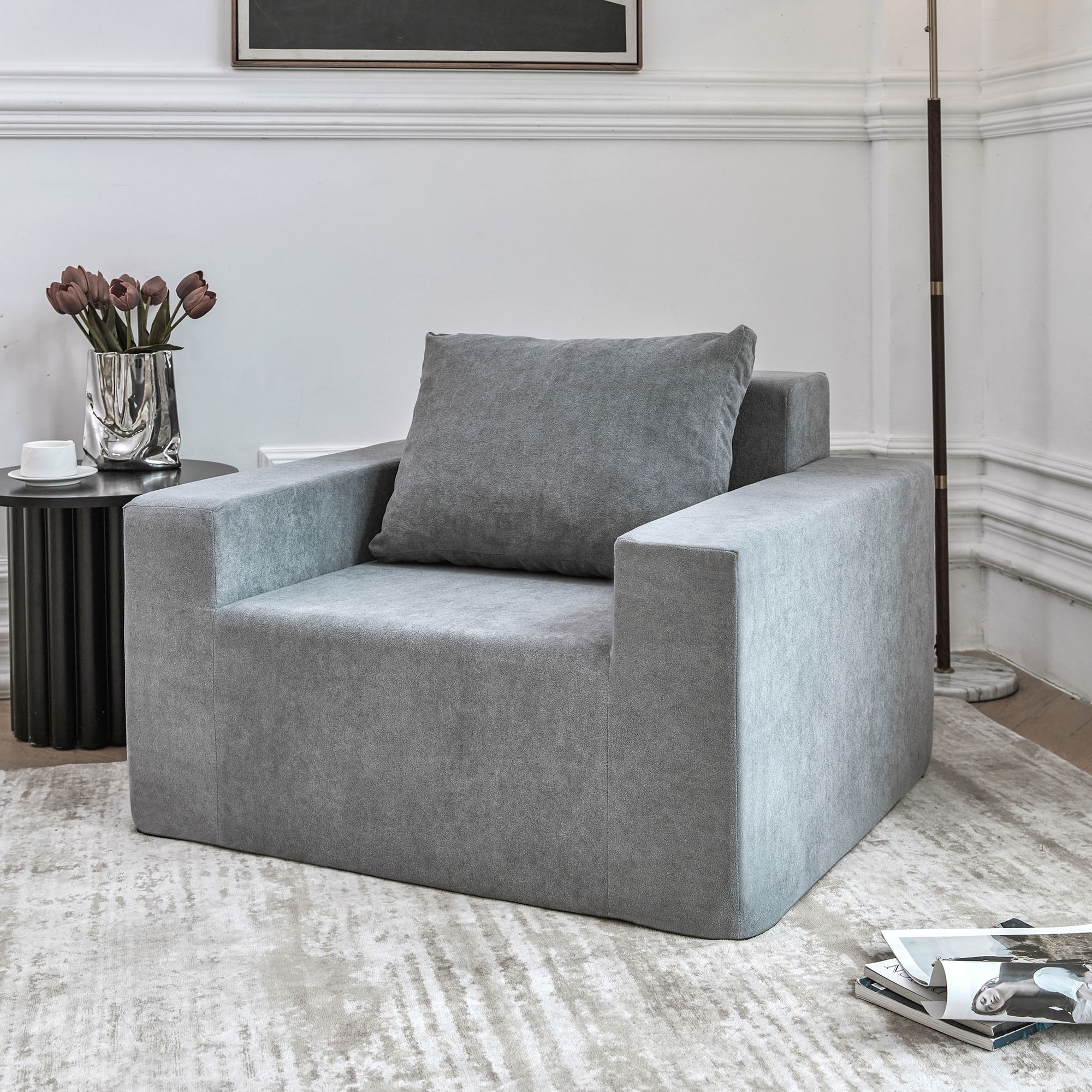 Aukfa Giant Bean Bag Chair for Adults, Upholstered Floor Sofa with Pillows and Armrests for Bedroom Living Room, Gray