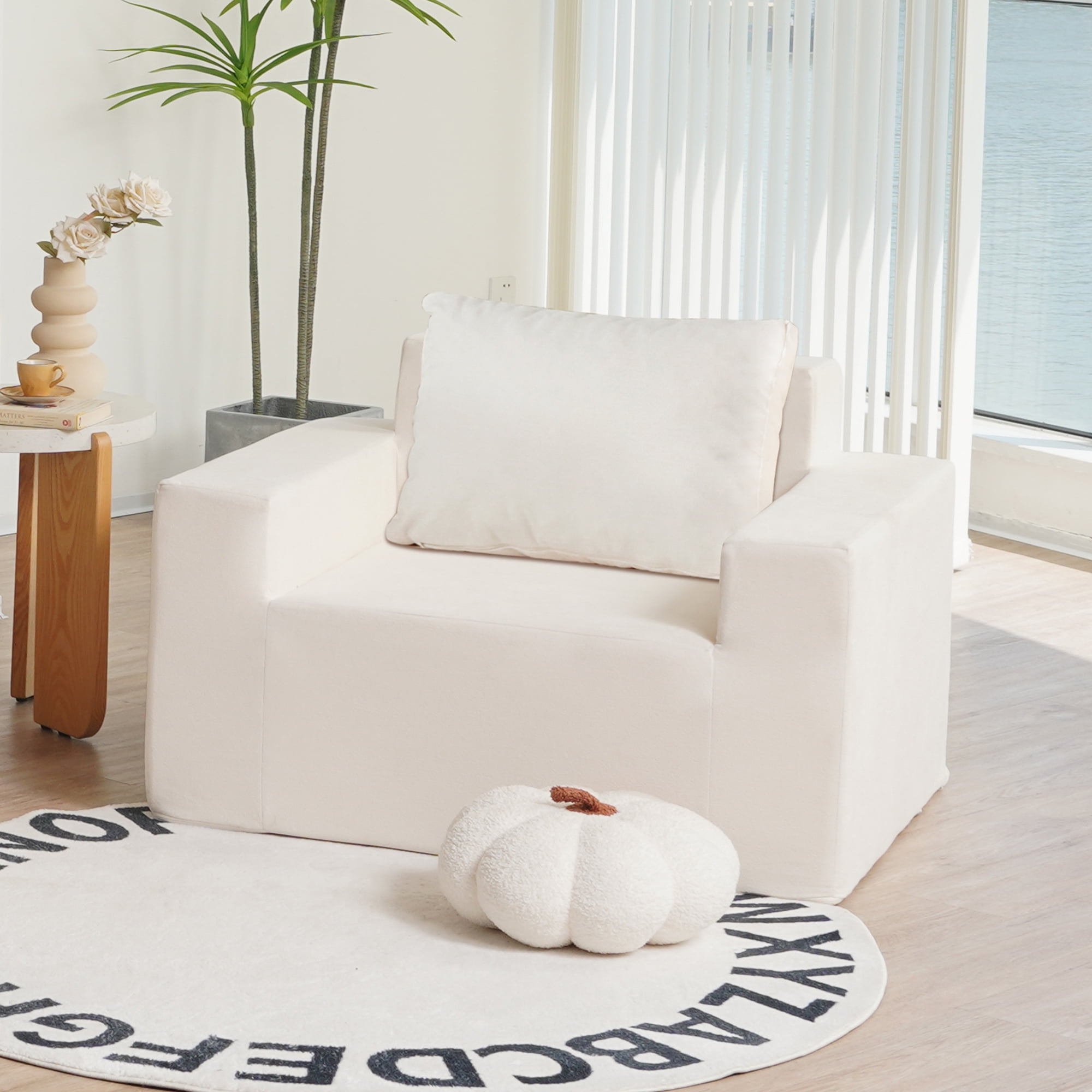 Aukfa Giant Bean Bag Chair for Adults, Upholstered Floor Sofa with Pillows and Armrests for Bedroom Living Room, White