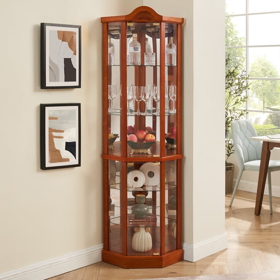 Aukfa Glass Storage Cabinet, Lighted Corner Curio Cabinet with Adjustable Shelves, Oak