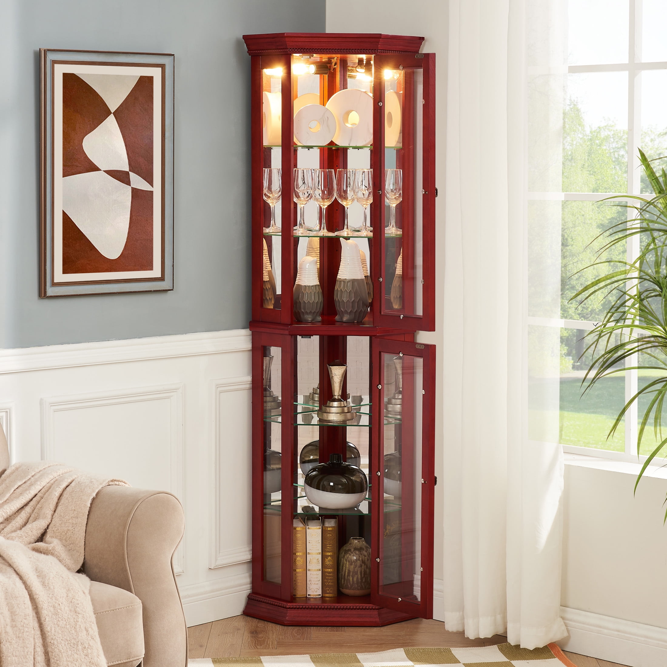 Aukfa Glass Storage Cabinet, Lighted Display Cabinet with Adjustable Shelves, Cherry