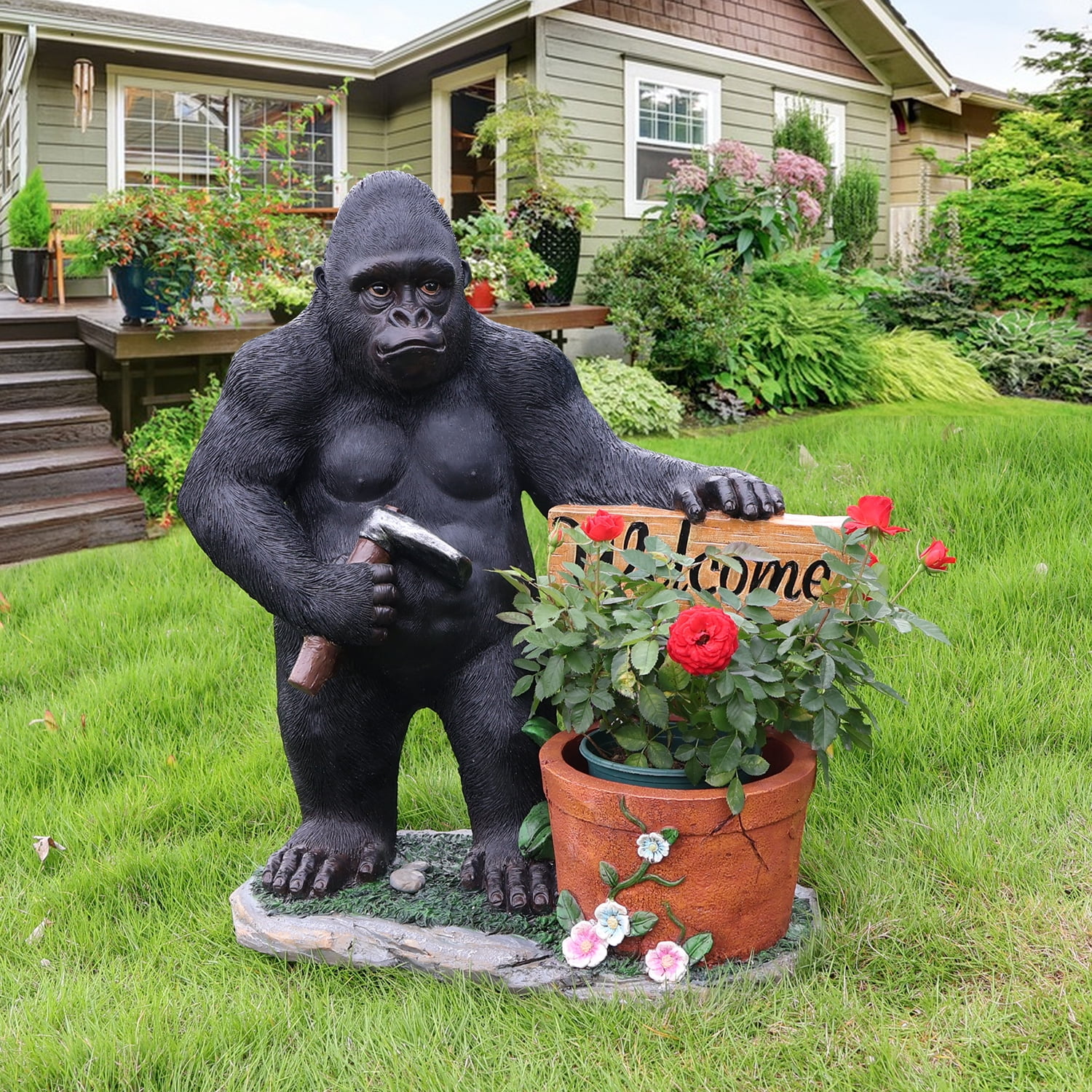 Aukfa Gorilla Garden Statue with Planter and Welcome Sign, Resin Outdoor Animal Sculpture with Built-In Flower Pot for Patio, Lawn, Porch, Entryway, Backyard Decor (Standing)