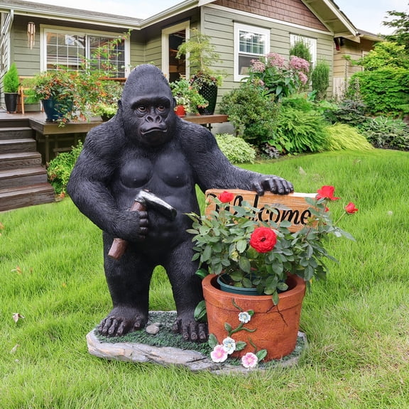 Aukfa Gorilla Garden Statue with Planter and Welcome Sign, Resin Outdoor Animal Sculpture with Built-In Flower Pot for Patio, Lawn, Porch, Entryway, Backyard Decor (Standing)