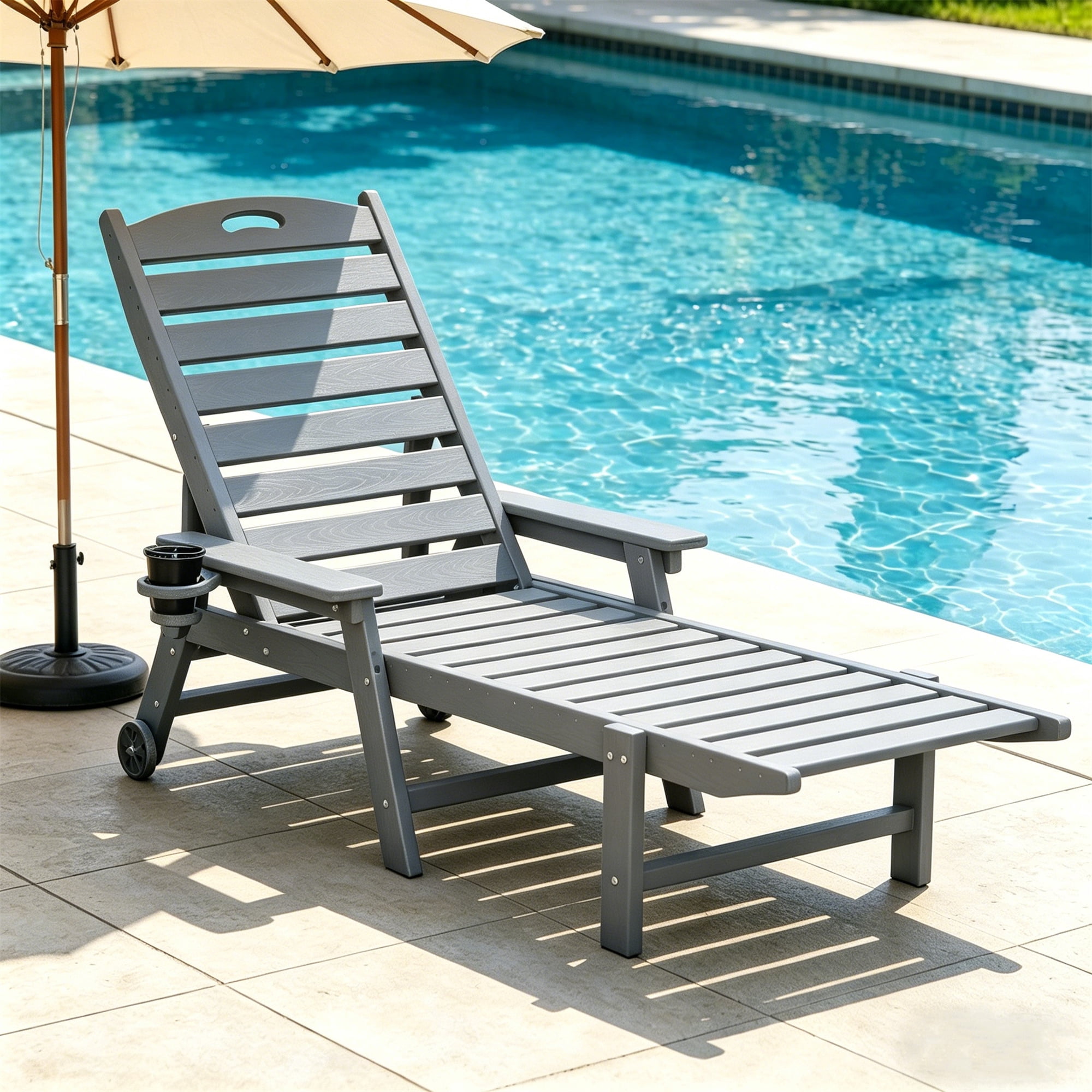 Aukfa HDPE Outdoor Patio Chaise Lounge Chair w/ Cup Holder&Wheels, 360 LBS Capacity, Black
