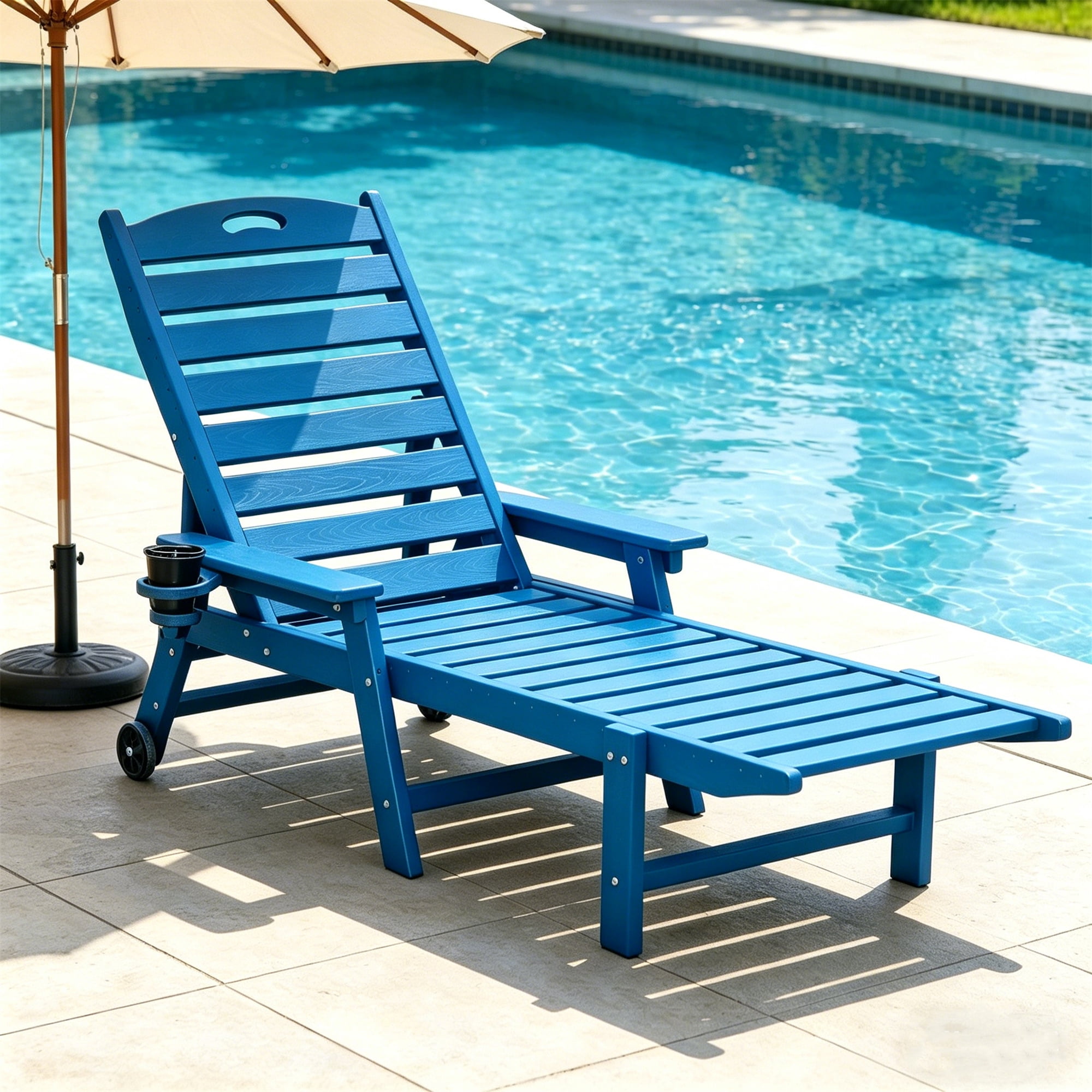 Aukfa HDPE Outdoor Patio Chaise Lounge Chair w/ Cup Holder&Wheels, 360 LBS Capacity, Blue