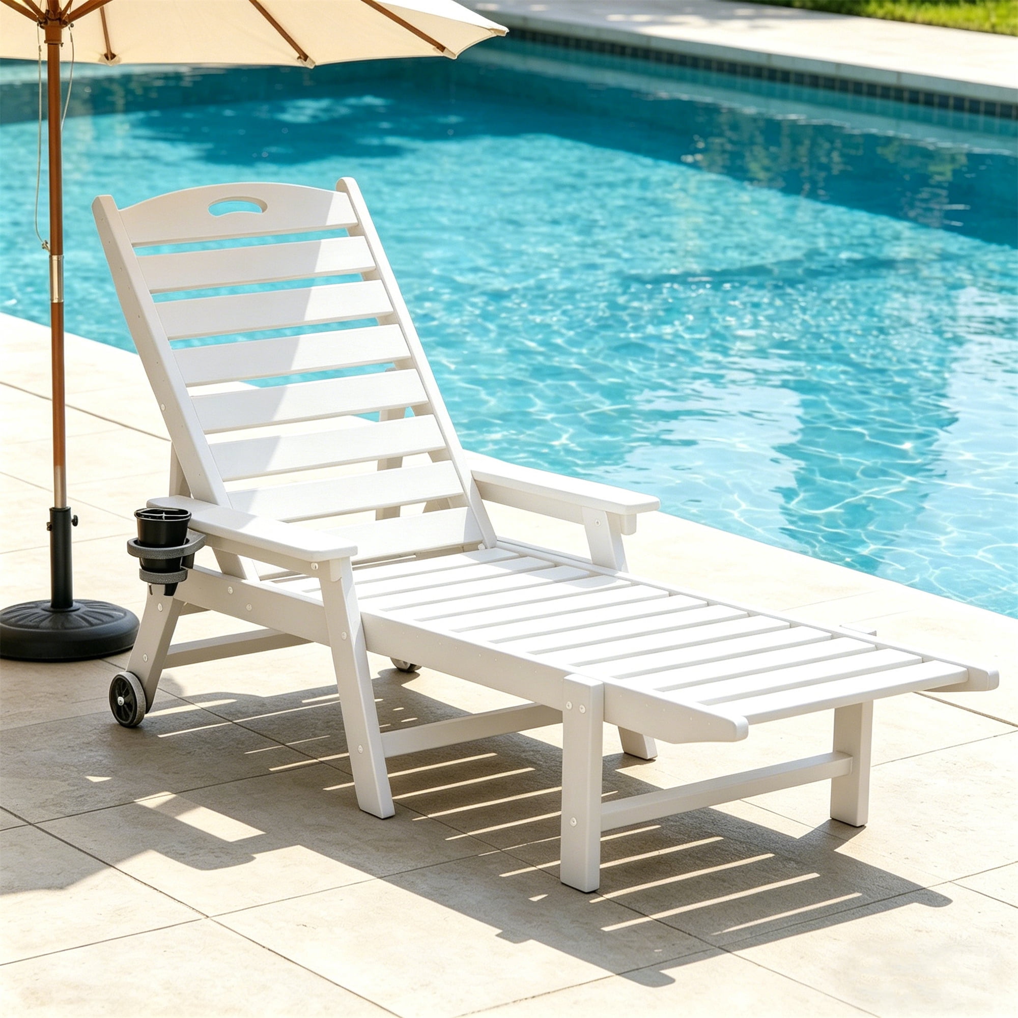 Aukfa HDPE Outdoor Patio Chaise Lounge Chair w/ Cup Holder&Wheels, 360 LBS Capacity, White