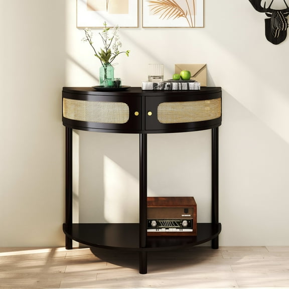 Aukfa Half Moon Console Table with Rattan Storage Cabinet,Side Table Sofa Table for Living Room, Hallway,Black