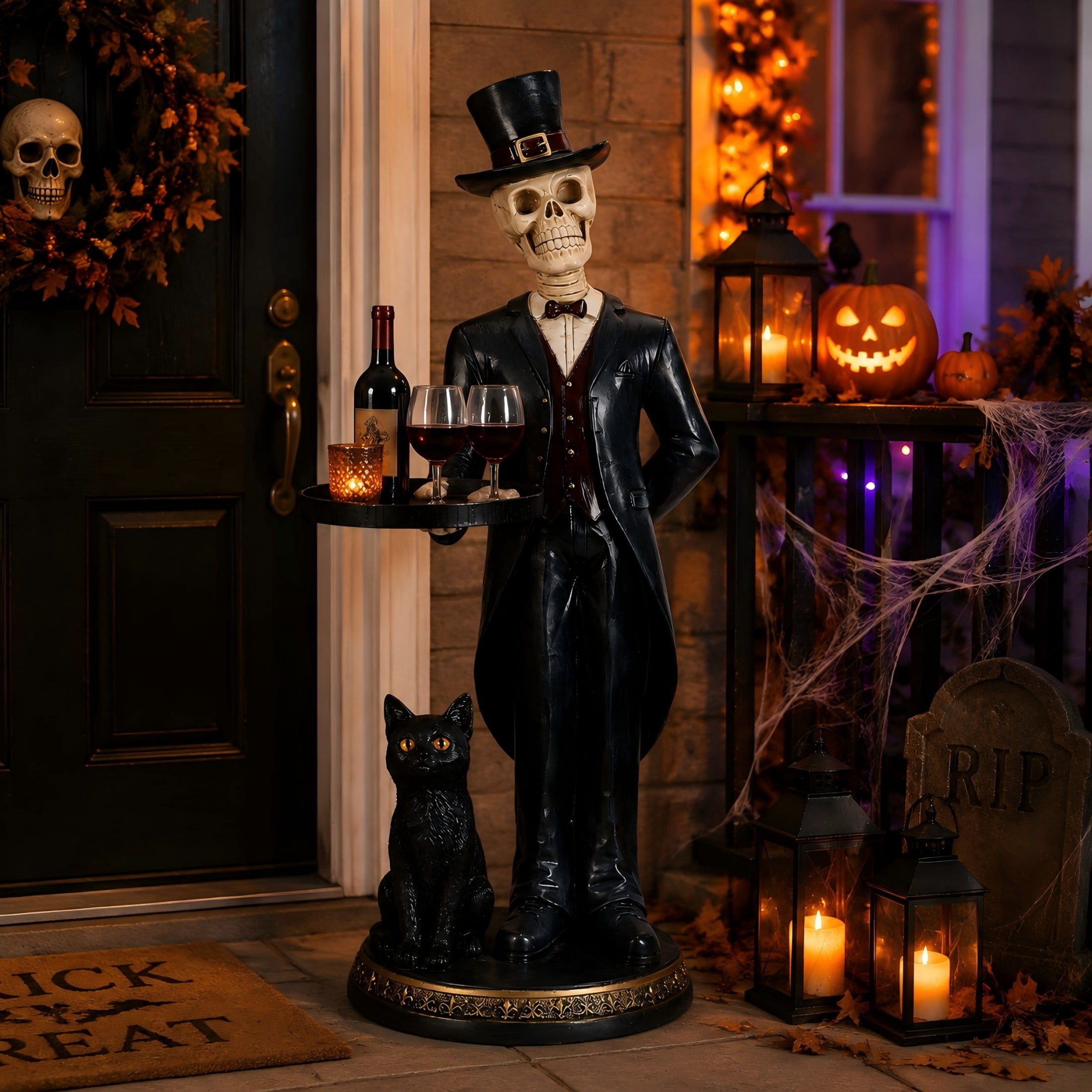 Aukfa Halloween Skeleton Butler Floor Statue with Serving Tray and Black Cat, Gothic Skeleton Decor for Entryway, Party and Home Decoration