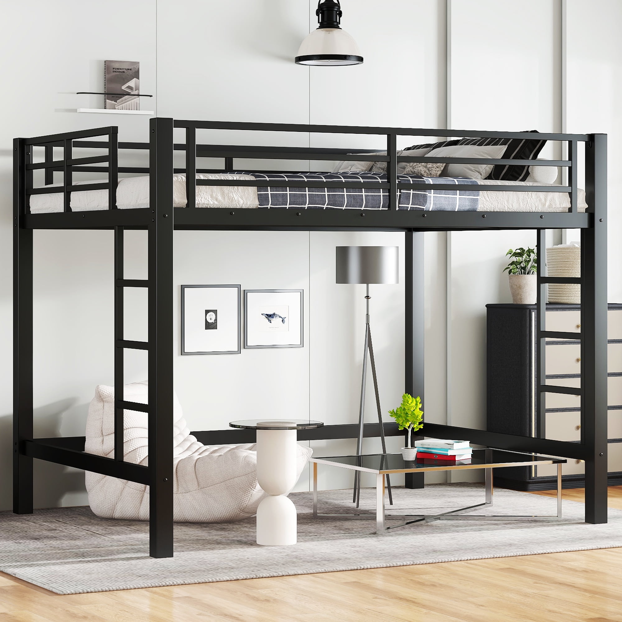 Aukfa Heavy Duty Full Size Metal Loft Bed for Kids, Teens and Adults, Space-Saving, Black