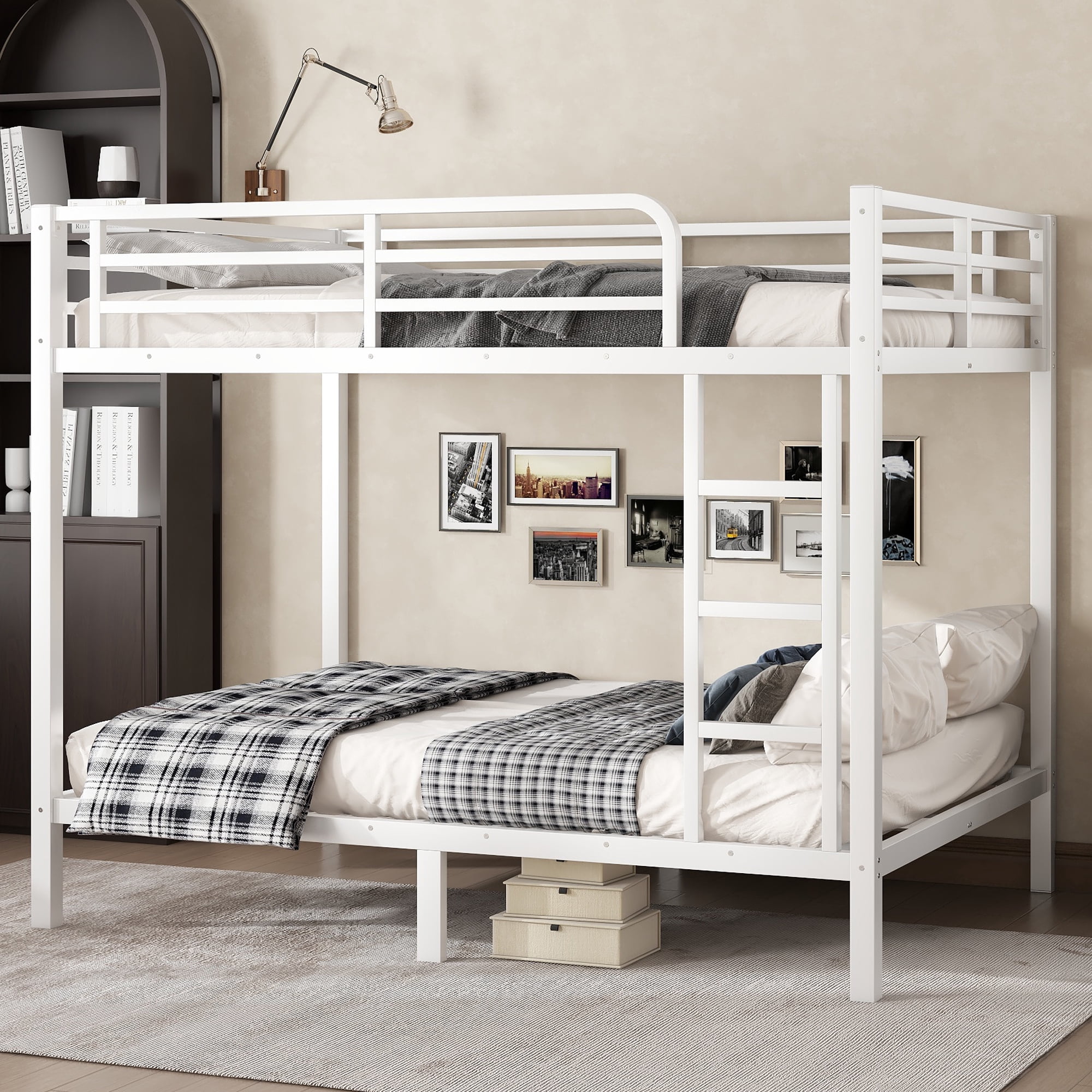 Aukfa Heavy Duty Full over Full Metal Bunk Bed for Kids, Teens and Adults, Space-Saving, White