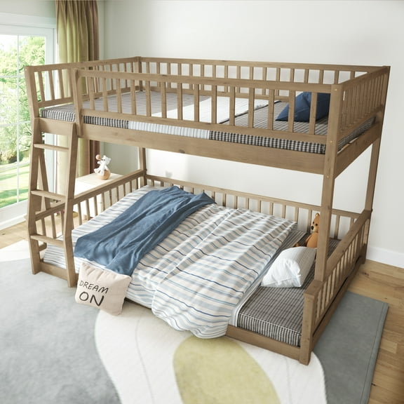 Aukfa Heavy Duty Full over Queen Bunk Bed with High Guardrail, Convertible 2 Beds for Kids, Teens and Adults, Walnut