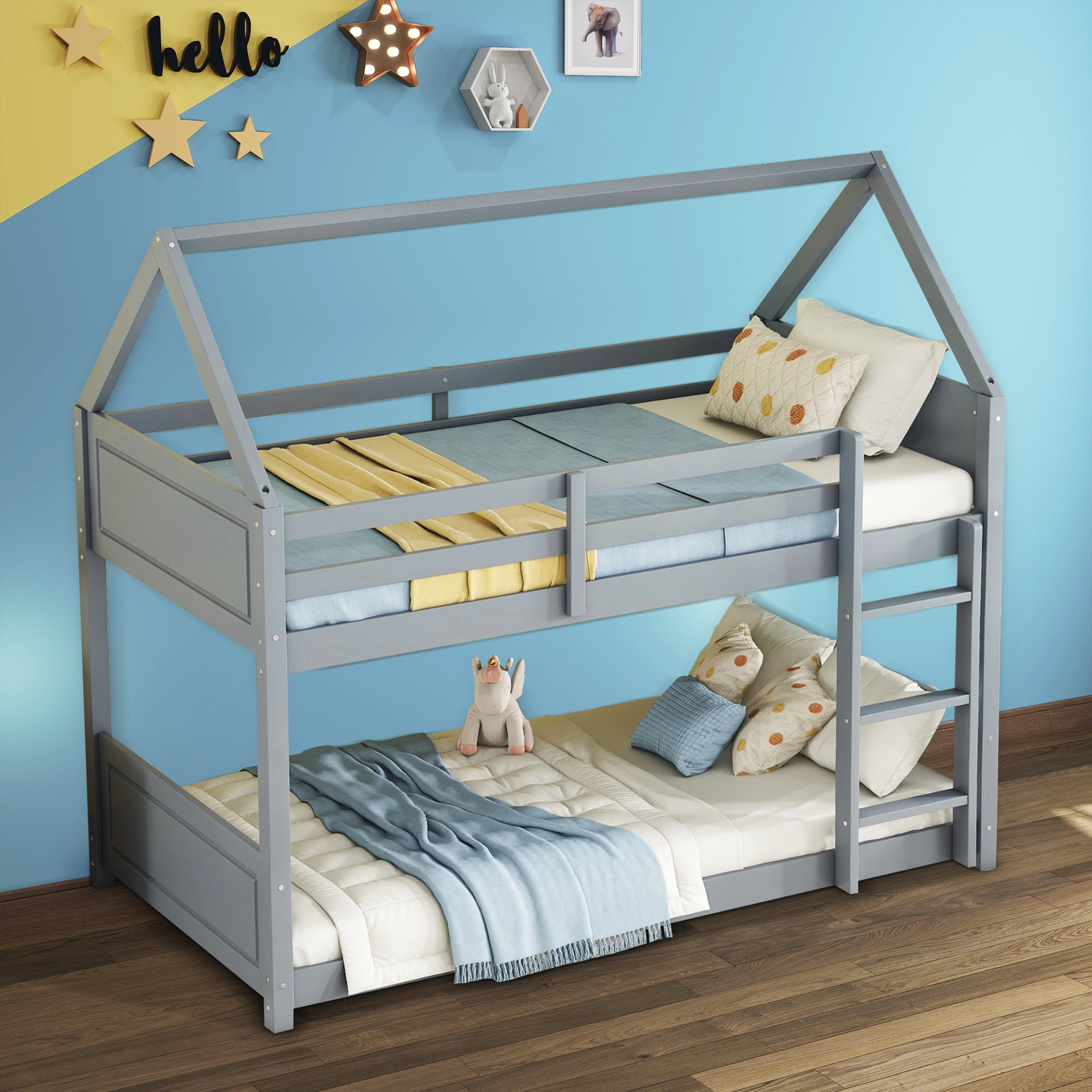 Aukfa Heavy Duty Junior House Bunk Bed with Full-Length Guardrail, Twin Over Twin Bunk Bed Frame, Gray
