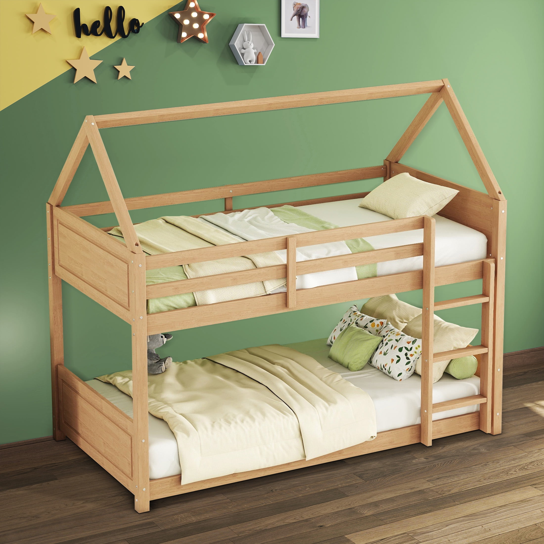 Aukfa Heavy Duty Junior House Bunk Bed with Full-Length Guardrail, Twin Over Twin Bunk Bed Frame, Oak