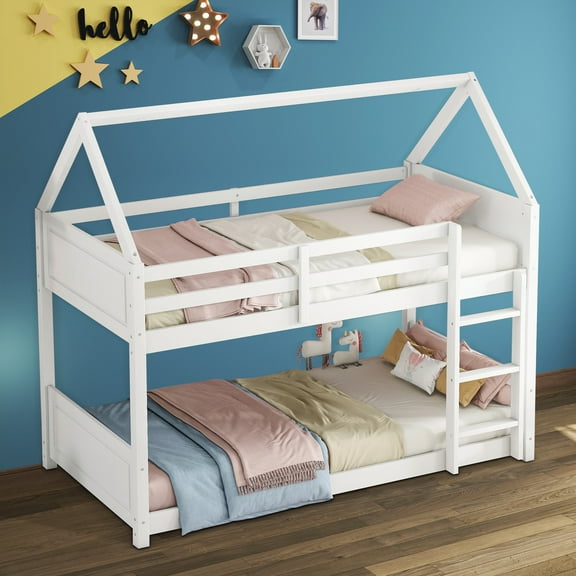 Aukfa Heavy Duty Junior House Bunk Bed with Full-Length Guardrail, Twin Over Twin Bunk Bed Frame, White