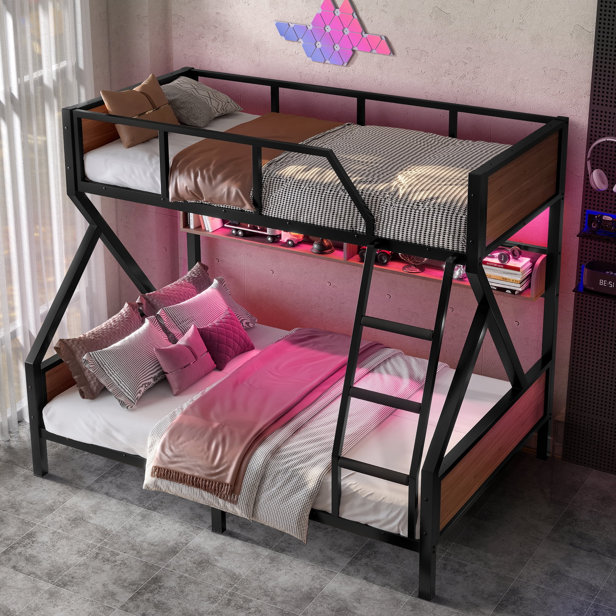 Aukfa Heavy-Duty Twin Over Full Bunk Bed with LED Lights & Storage Shelves, Metal Frame with Guardrails for Kids Teens Adults, Black