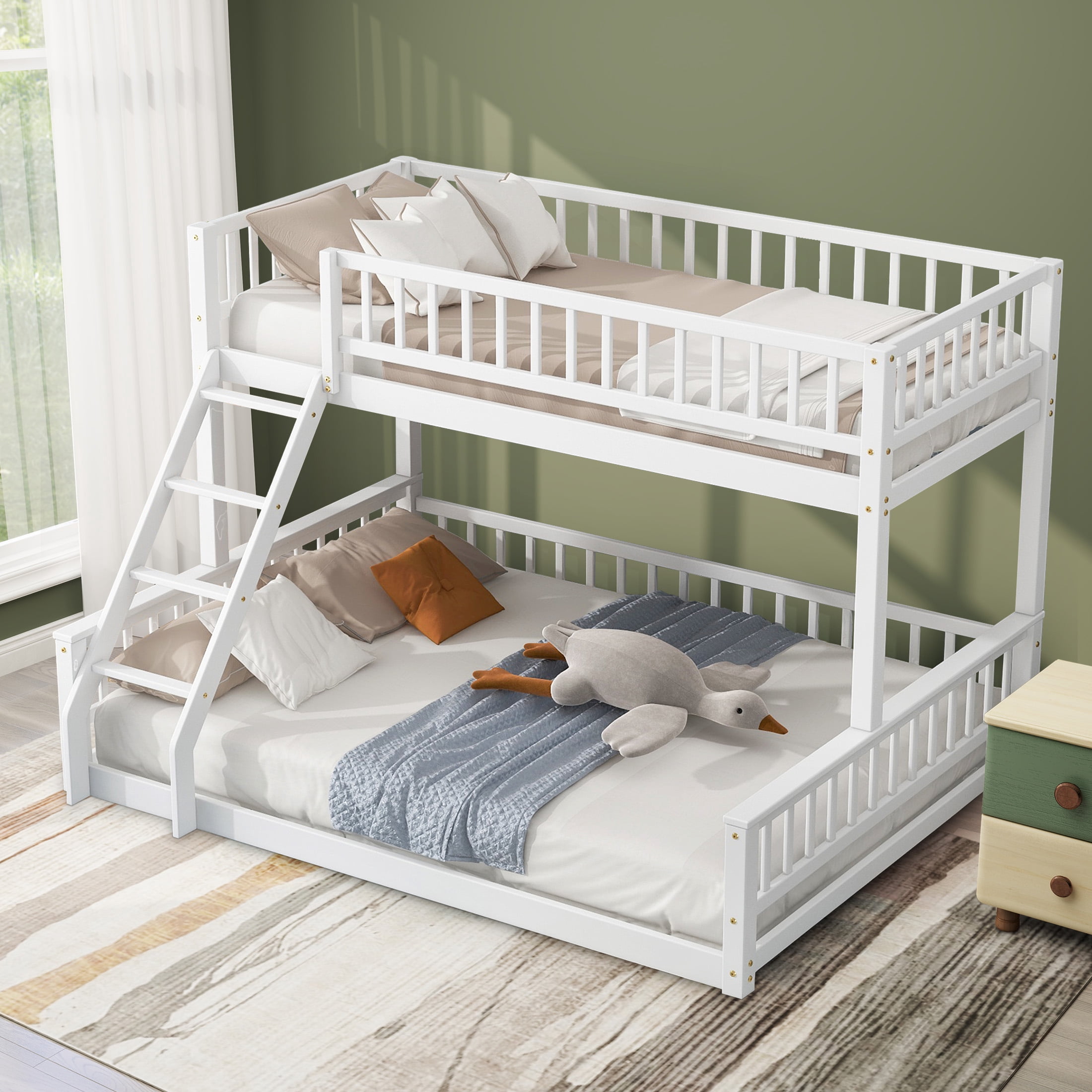Aukfa Heavy Duty Twin XL over Queen Bunk Bed with High Guardrail, Convertible 2 Beds for Kids, Teens and Adults, White