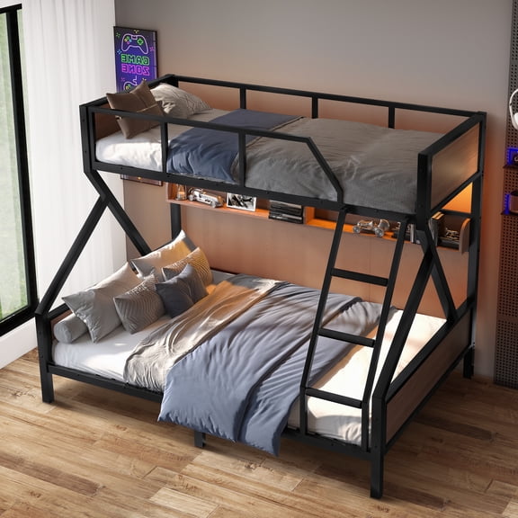 Aukfa Heavy-Duty Twin XL over Queen Bunk Bed with LED Lights & Storage Shelves, Metal Frame for Kids Teens Adults, Black