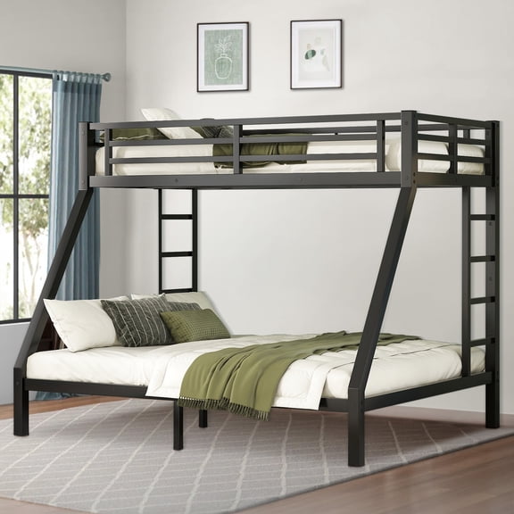 Aukfa Heavy Duty Twin XL over Queen Metal Bunk Bed with Ladders and Guardrail for Kids, Teens and Adults, Black