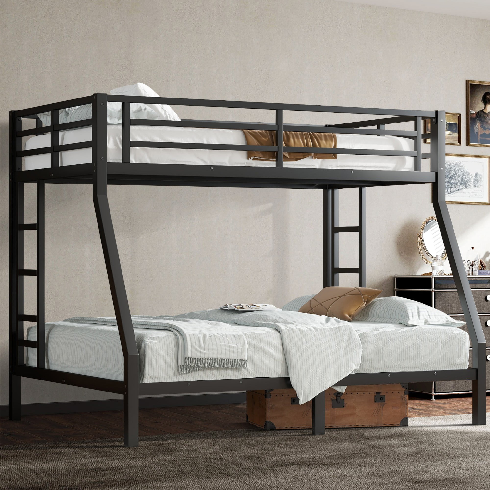 Aukfa Heavy Duty Twin over Full Metal Bunk Bed with Ladders and Guardrail for Kids, Teens and Adults, Black